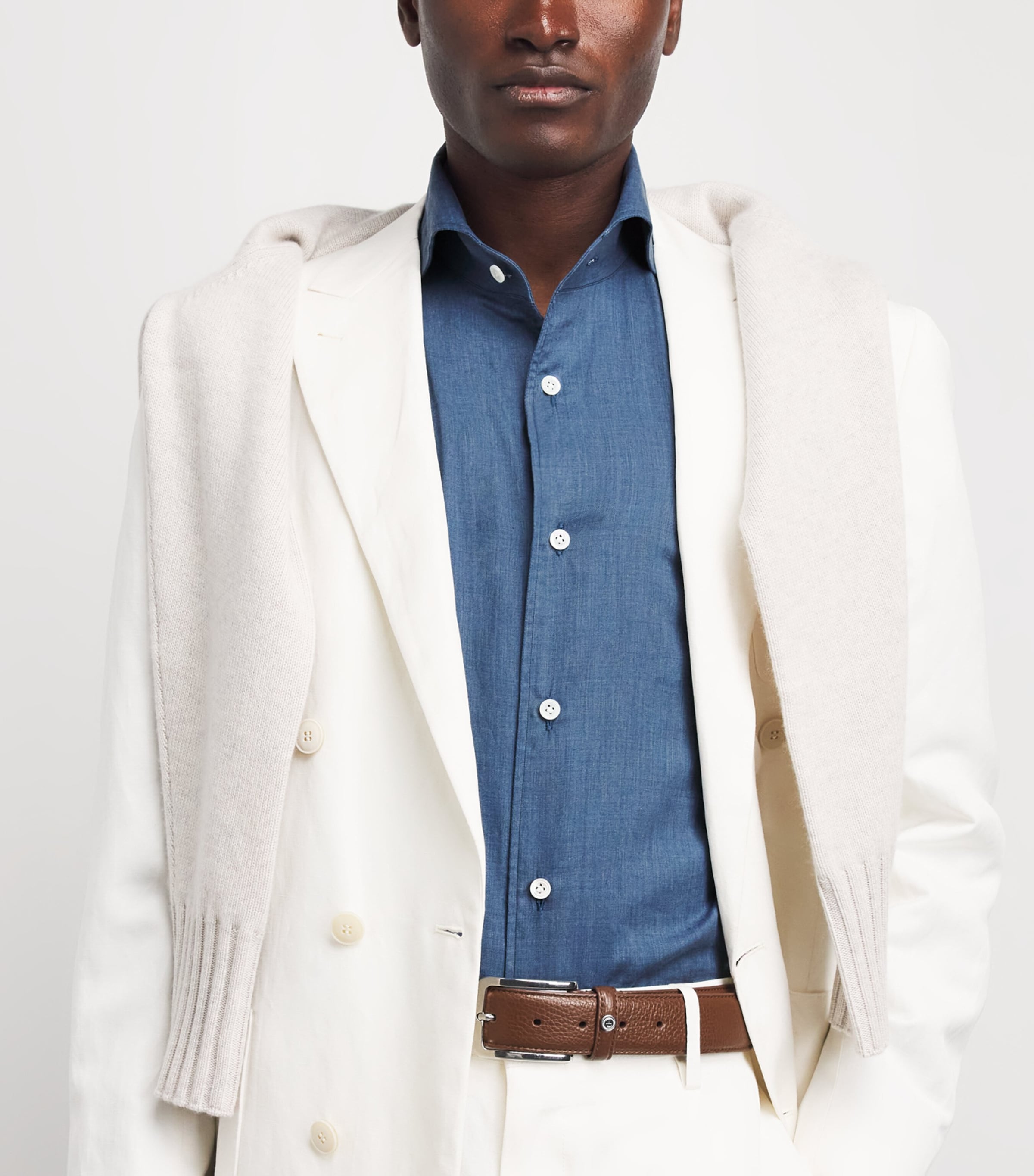 100HANDS Mens Cotton Herringbone Shirt Blue Image 3
