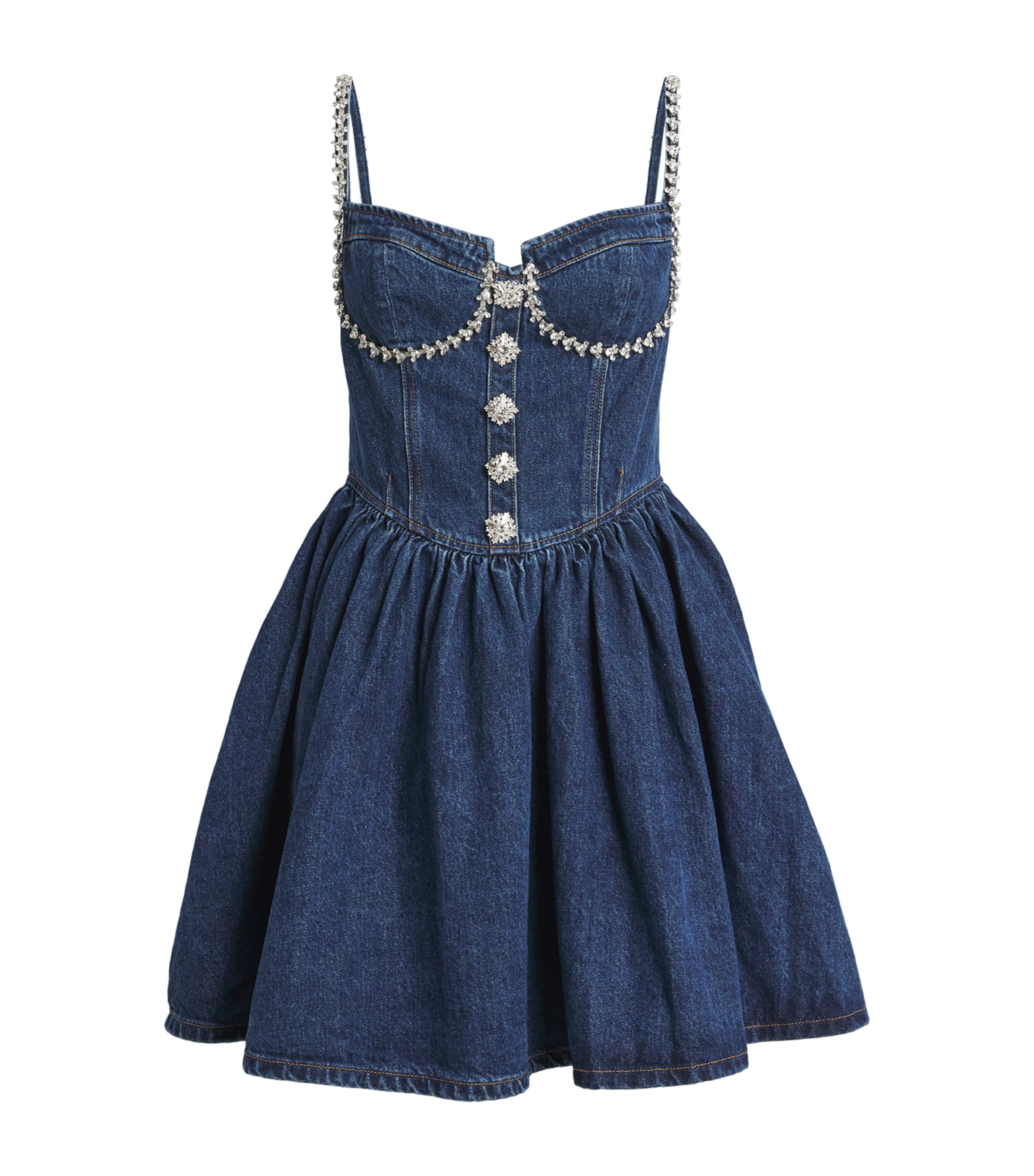 Shop Self-portrait Denim Flared Mini Dress In Blue