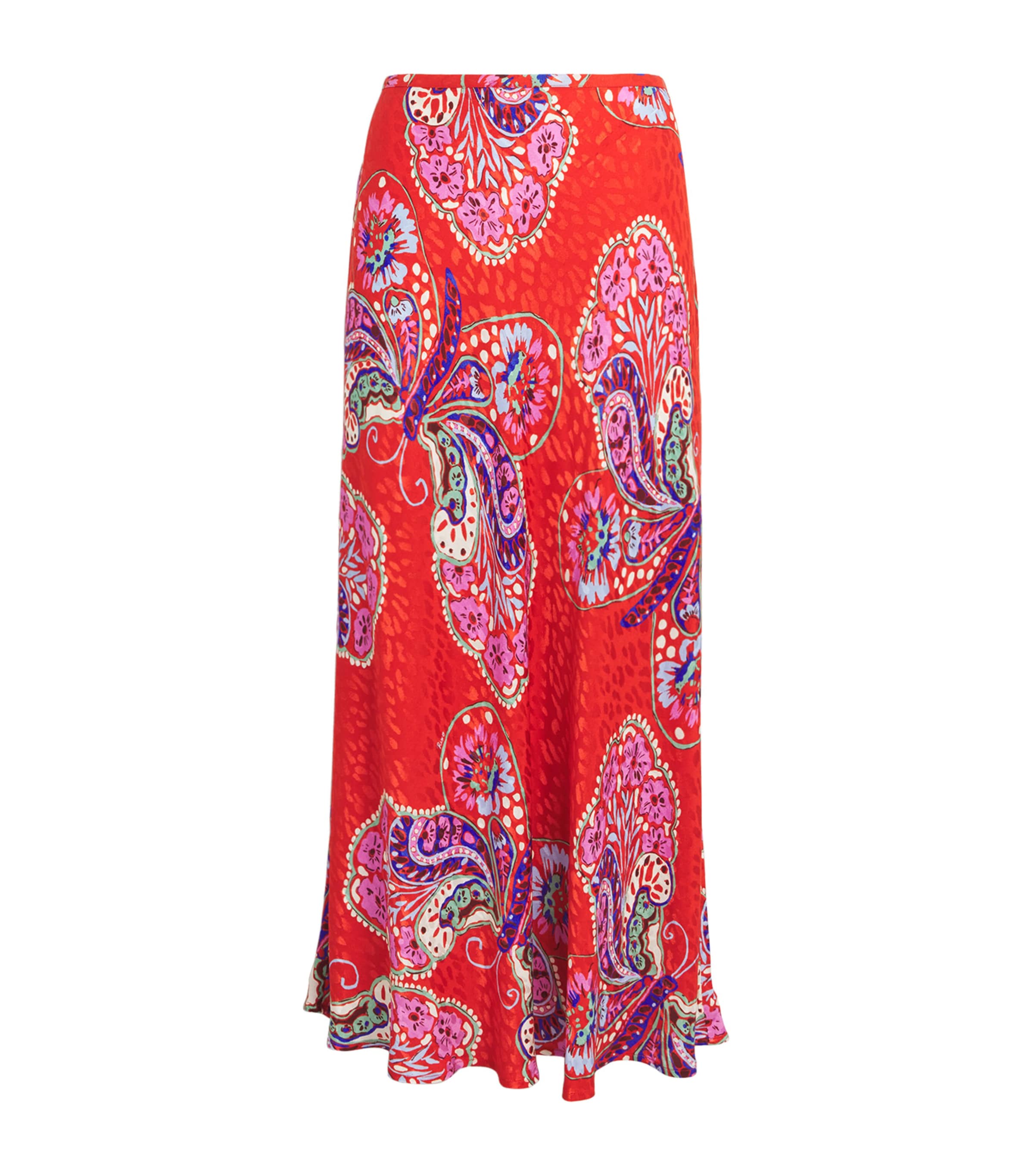 Rixo Womens Satin Printed Kelly Midi Skirt Bttrfly Blm Jacq Red Image 1
