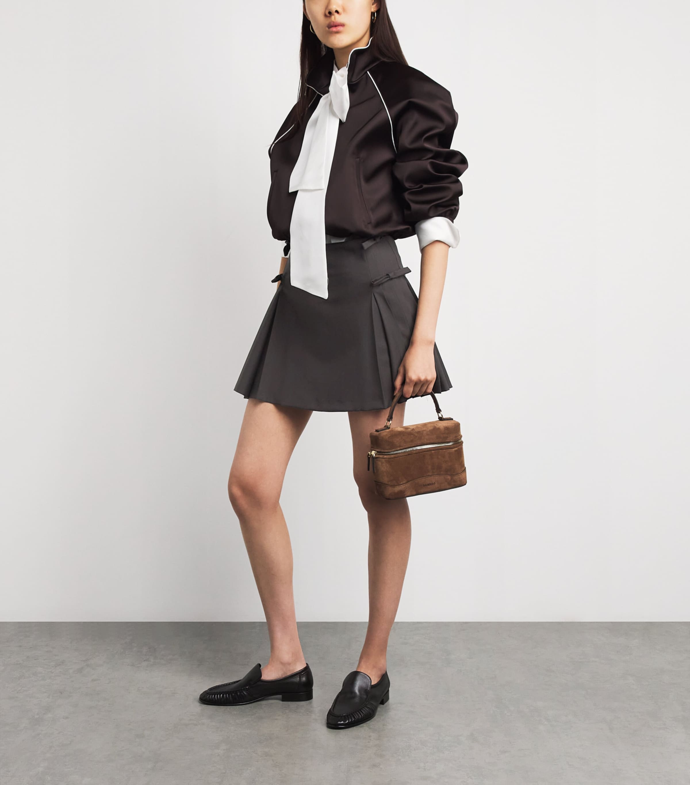 Sandro Paris Womens Side-Bow Pleated Mini Skirt Brown Image 2