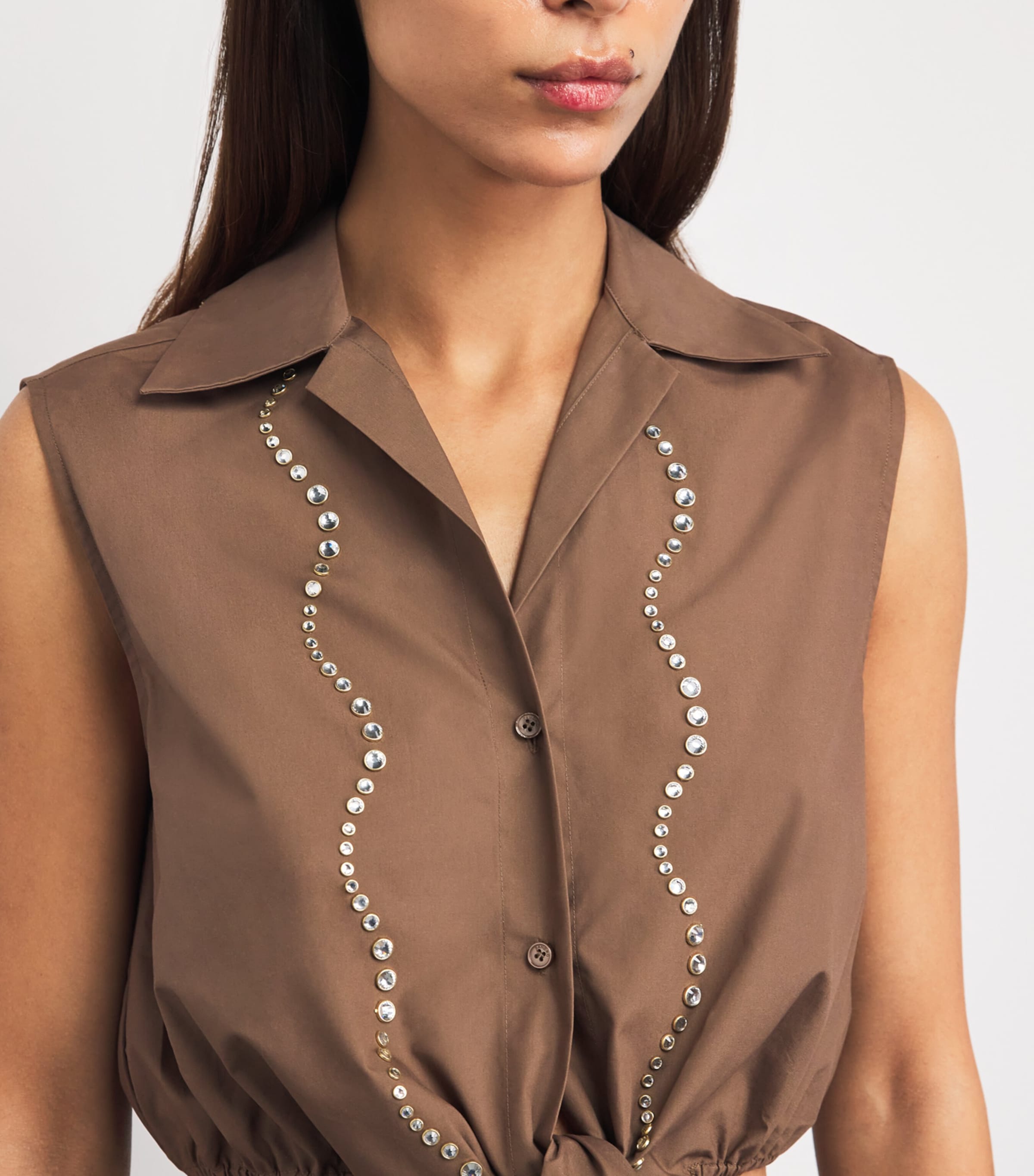 Sandro Paris Womens Cotton Embellished Cropped Shirt Brown Image 3