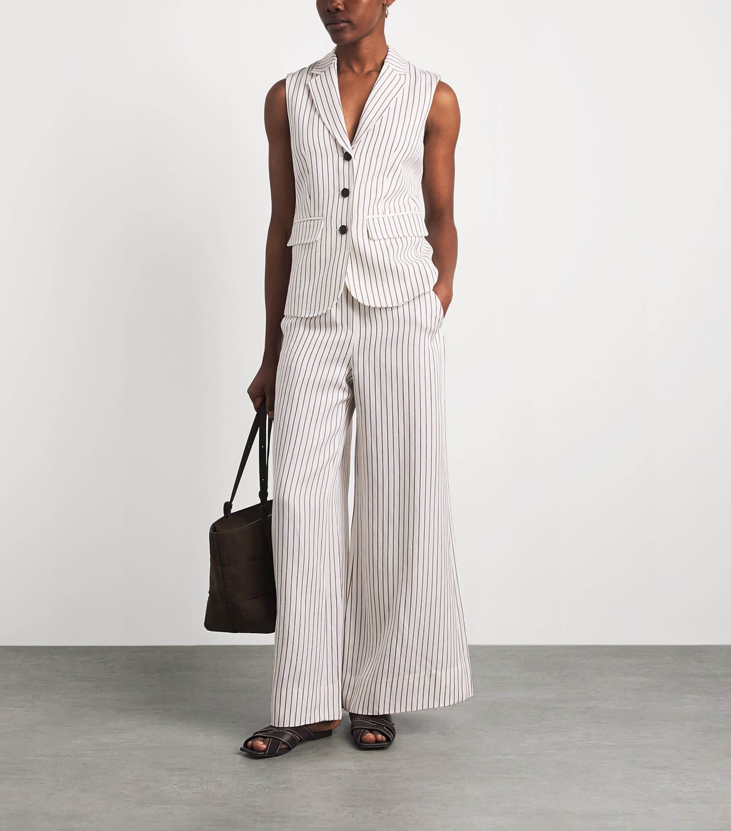 ME+EM Womens Stripe Wide-Leg Trousers Ivory/cinnamon Brown Image 2