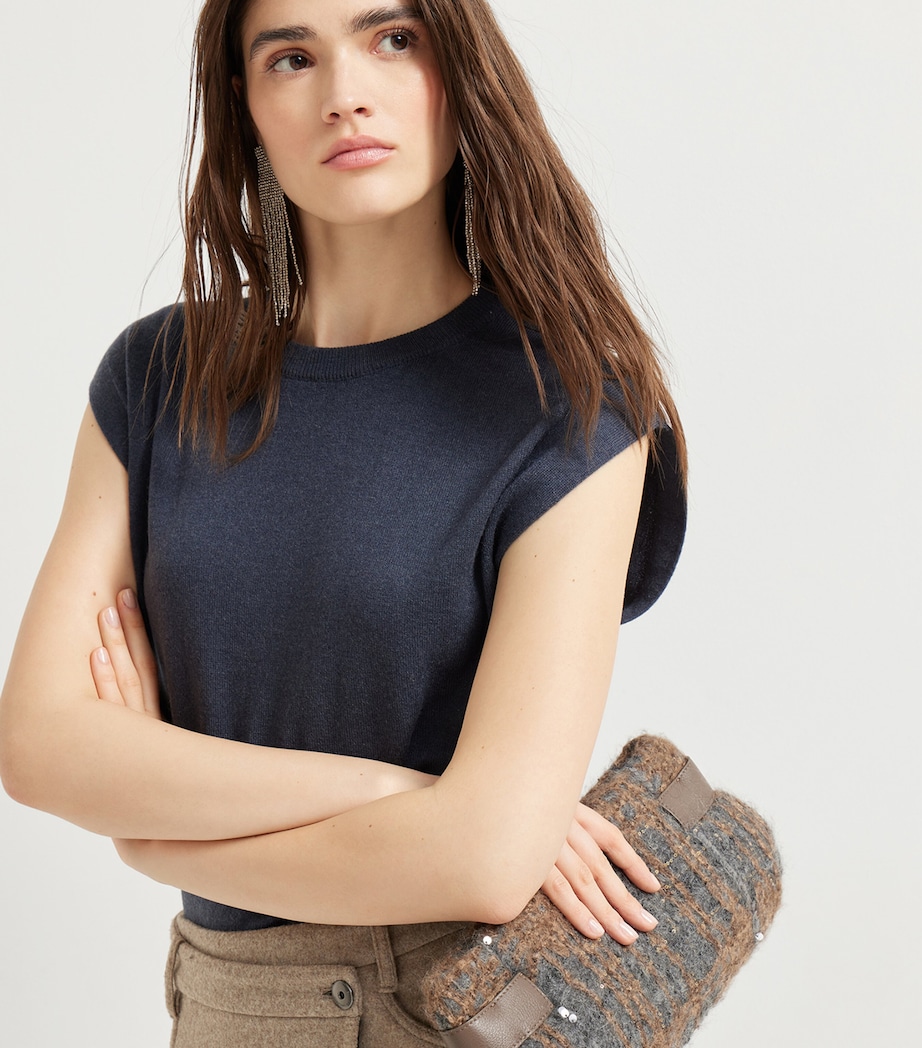 Wool-Leather Prince of Wales Check Essence Clutch Bag CMY39 Image 2