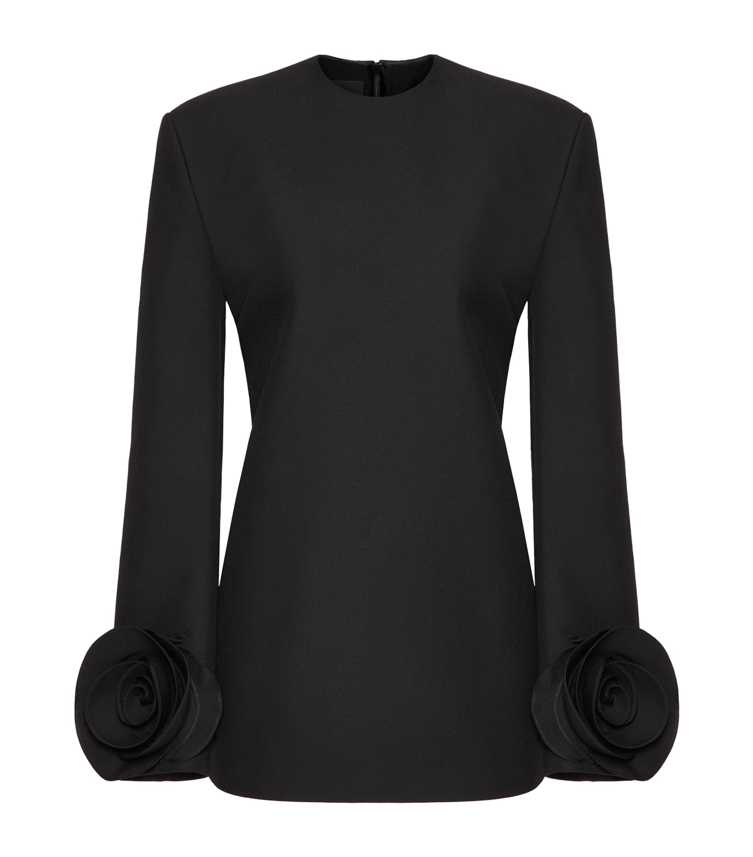 Shop Valentino Virgin Wool-silk Flower-cuff Mini Dress In Black