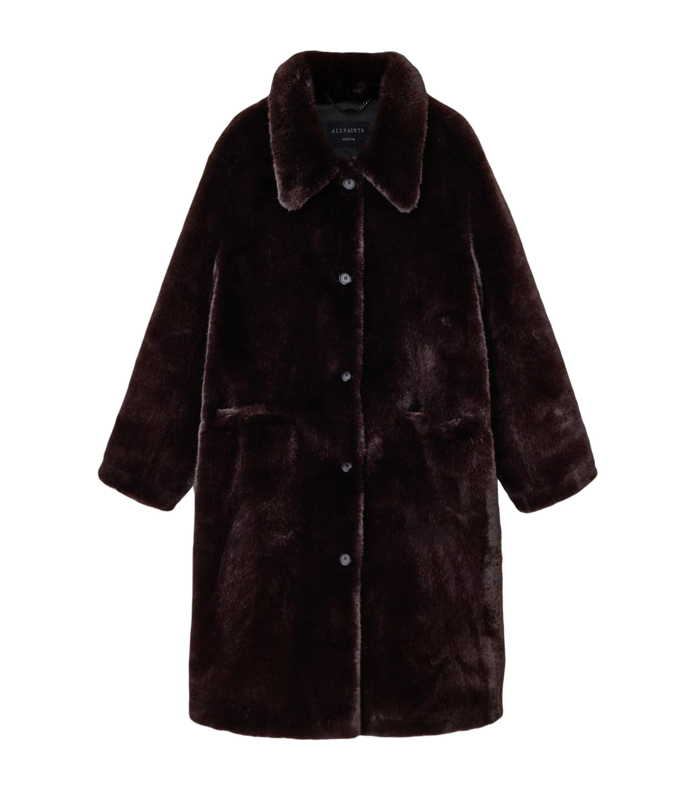 Allsaints Womens Chocolate Brow Sora Relaxed-fit Faux-fur Coat In Brown