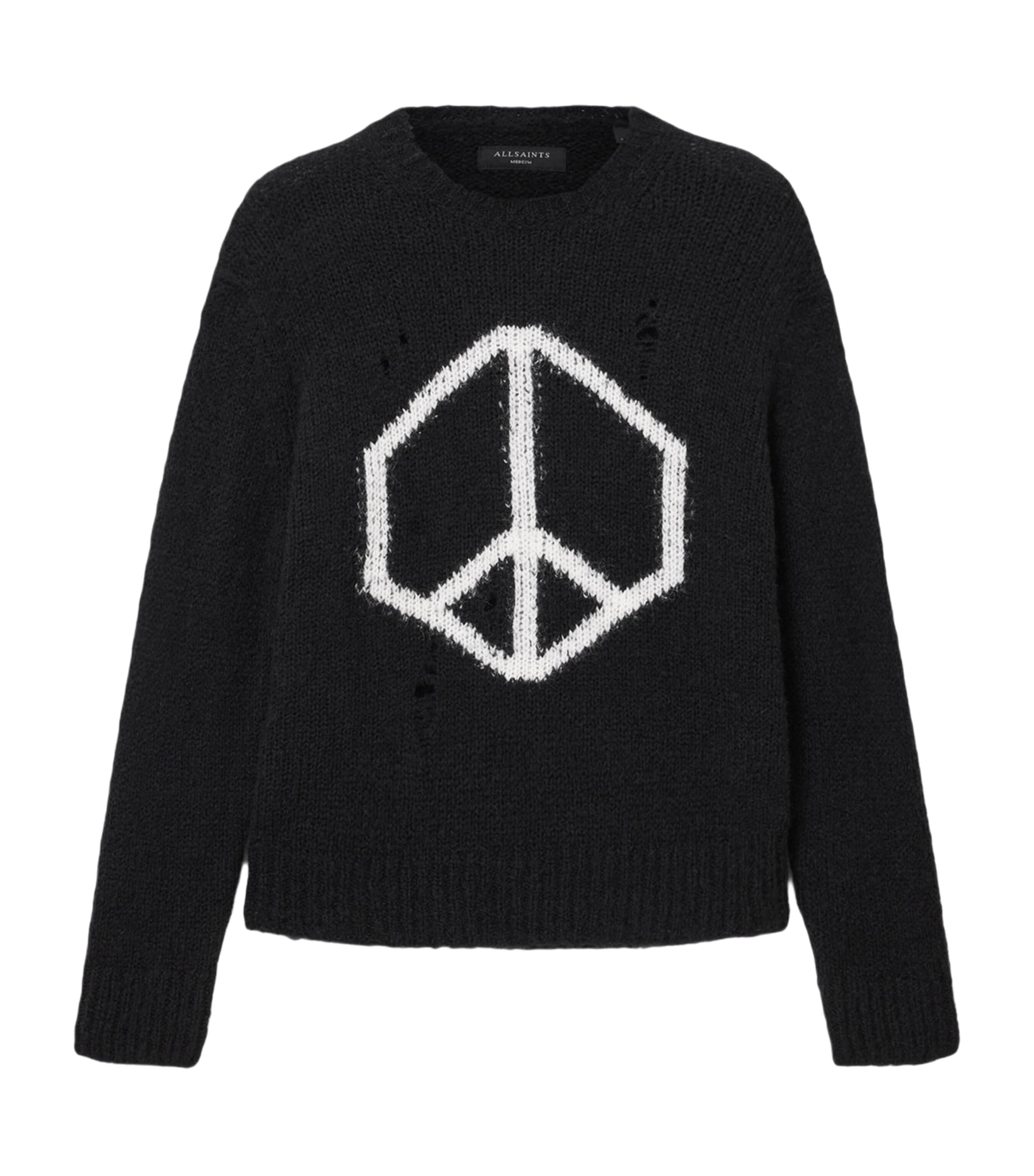 Allsaints Mens Black Message Crewneck Knitted Jumper Xs In Black