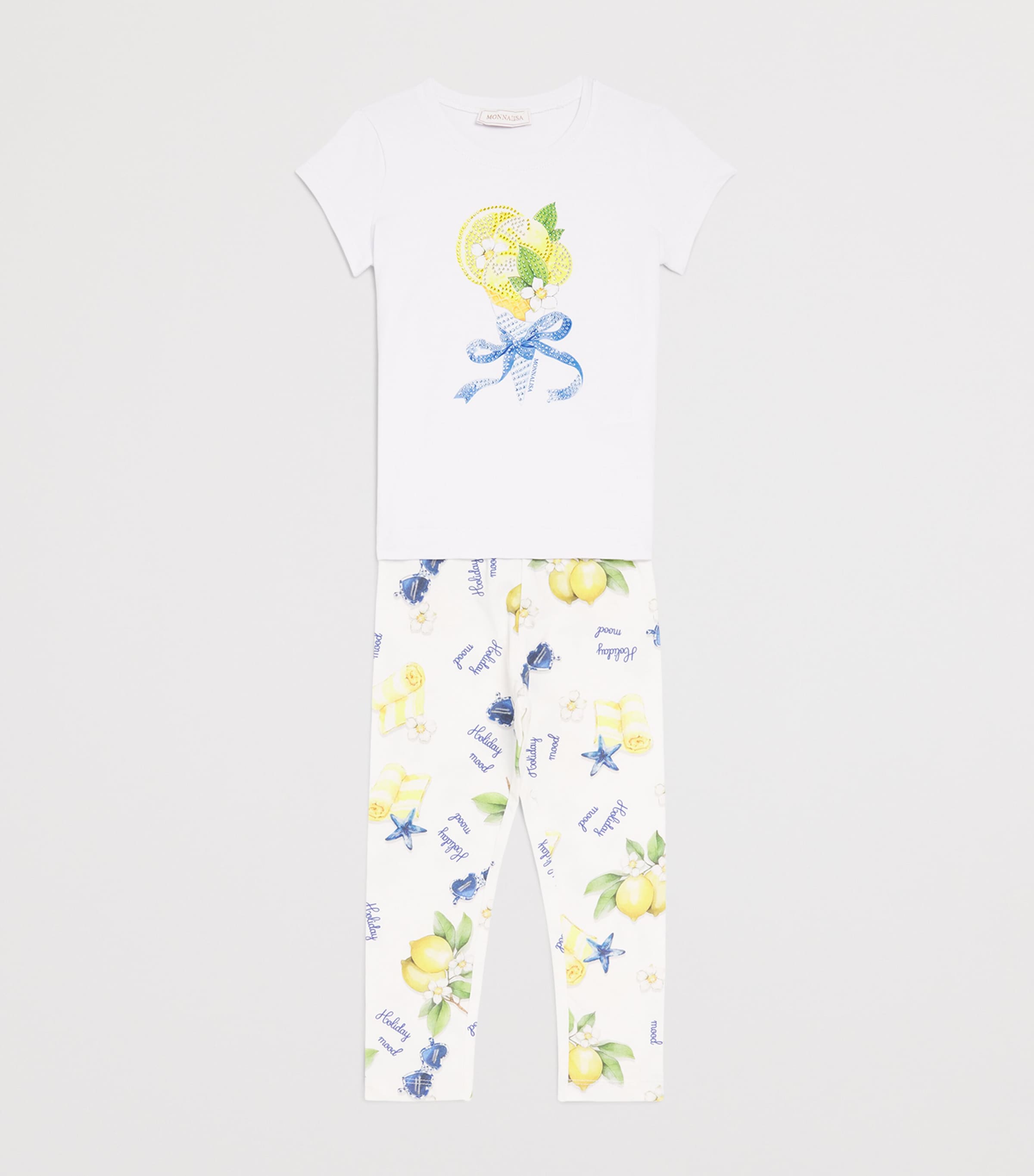 Monnalisa Stretch-Cotton Lemon Print Leggings (2-12 Years) Optical White Image 3
