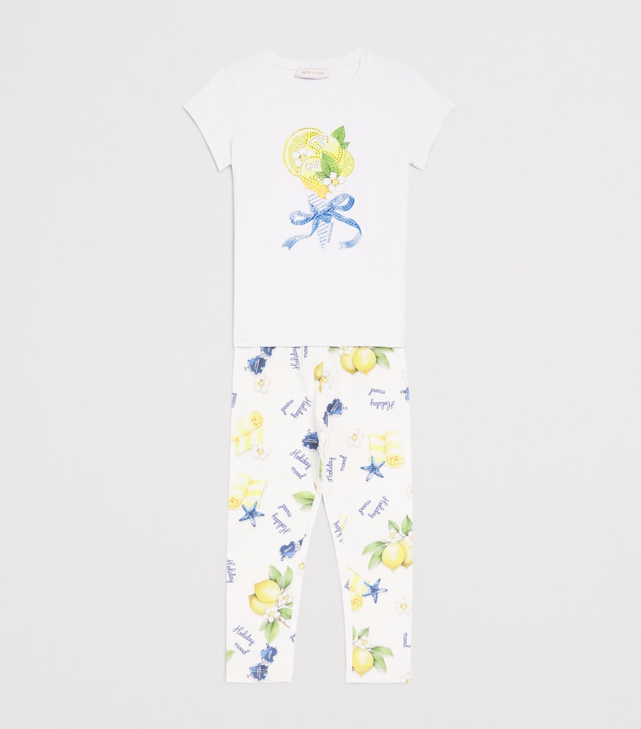 Monnalisa Stretch-Cotton Lemon Print Leggings (2-12 Years) Optical White Image 3