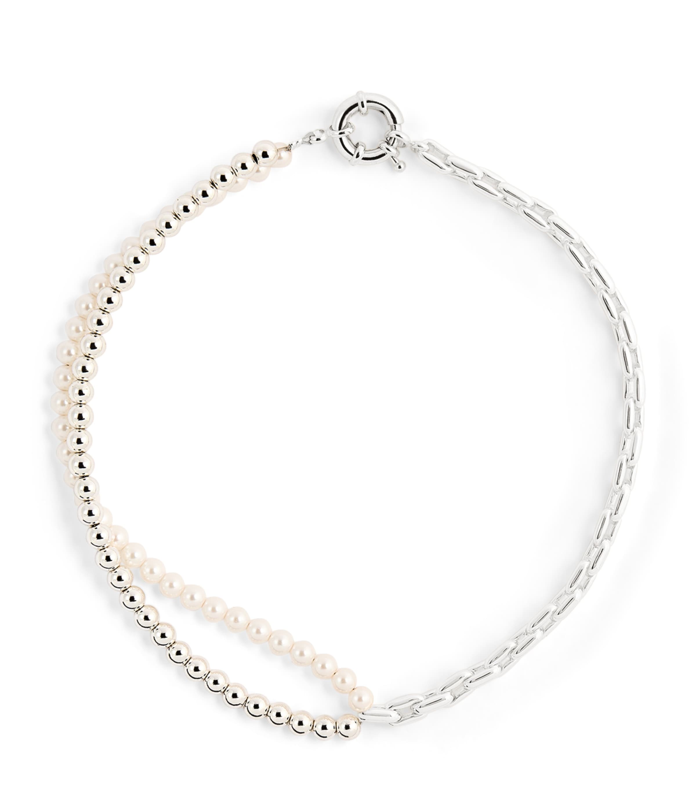 Timeless Pearly Modern Touch Silver And Pearl Necklace In Metallic