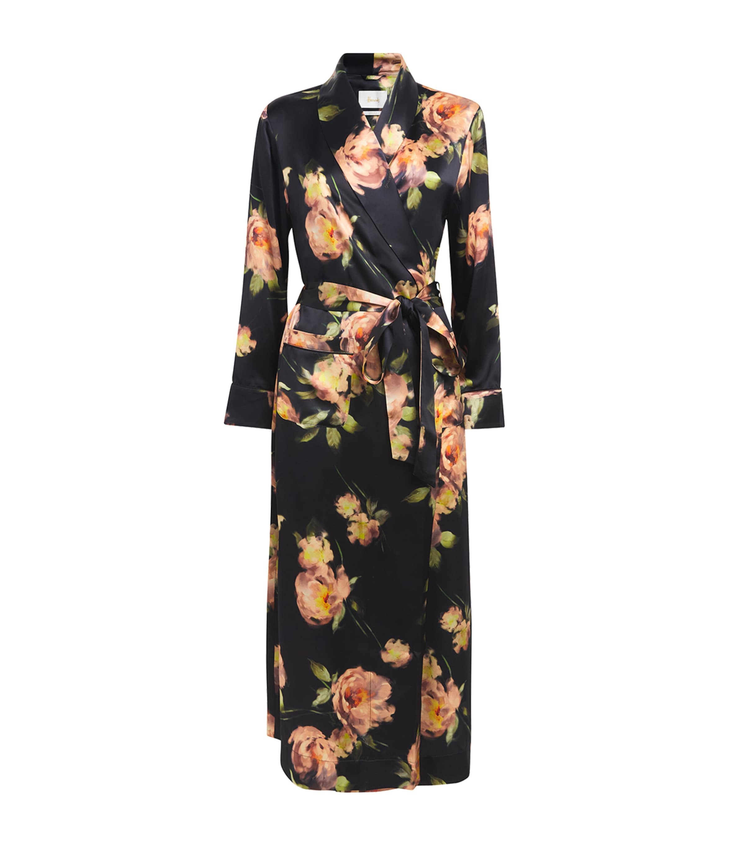 Harrods Womens Silk Midnight Rose Night Robe Black Image 1