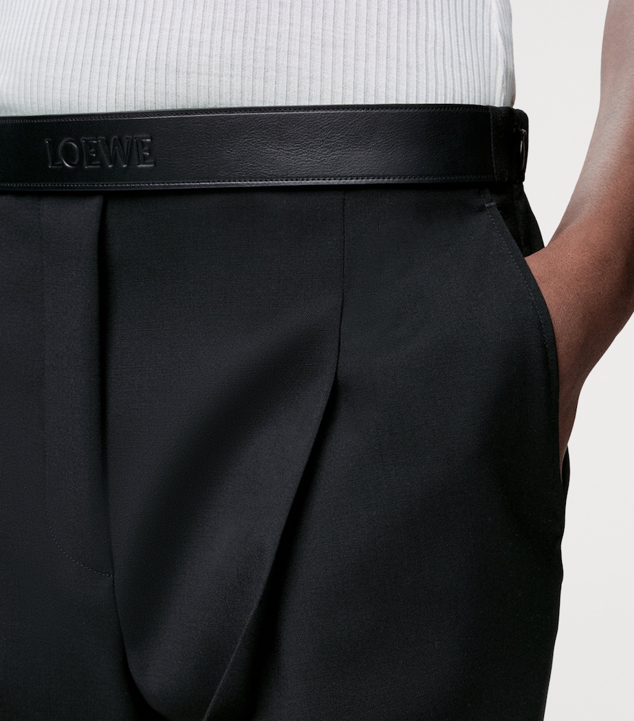 Wool Leather-Waistband Tailored Trousers BLACK Image 5
