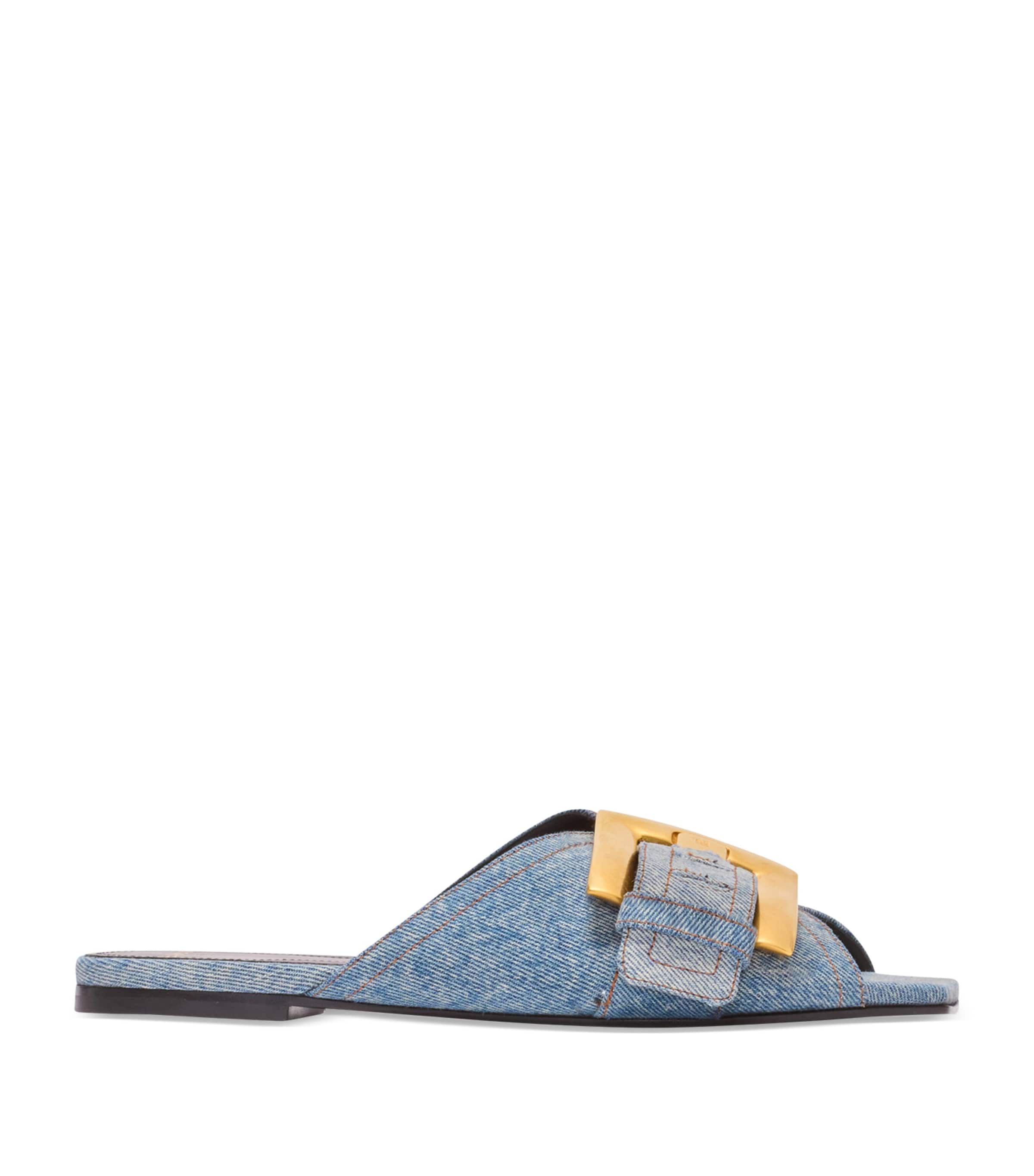 Balmain Anthem Cotton Denim Flat Sandals In Blue