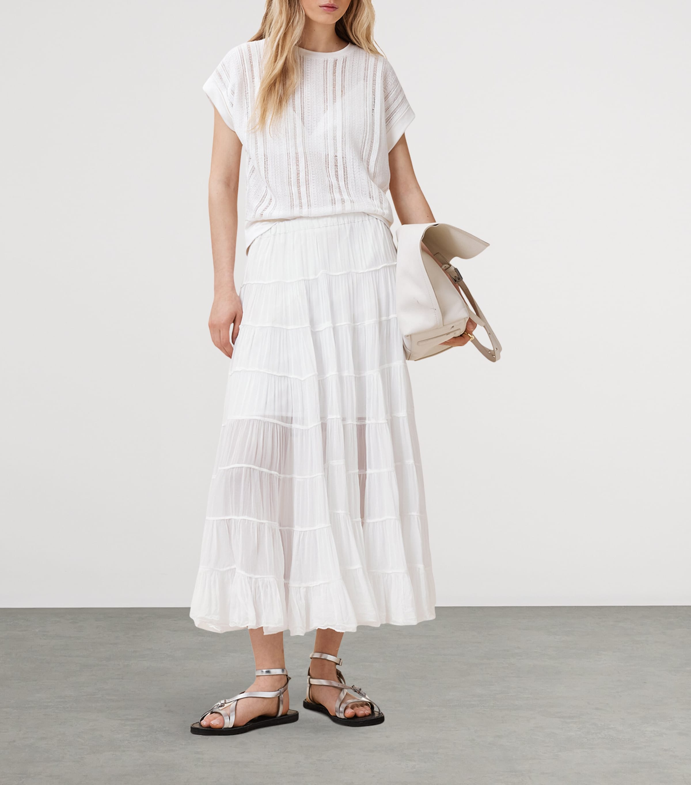 AllSaints Womens Eva Tiered Midi Skirt Chalk White Image 2