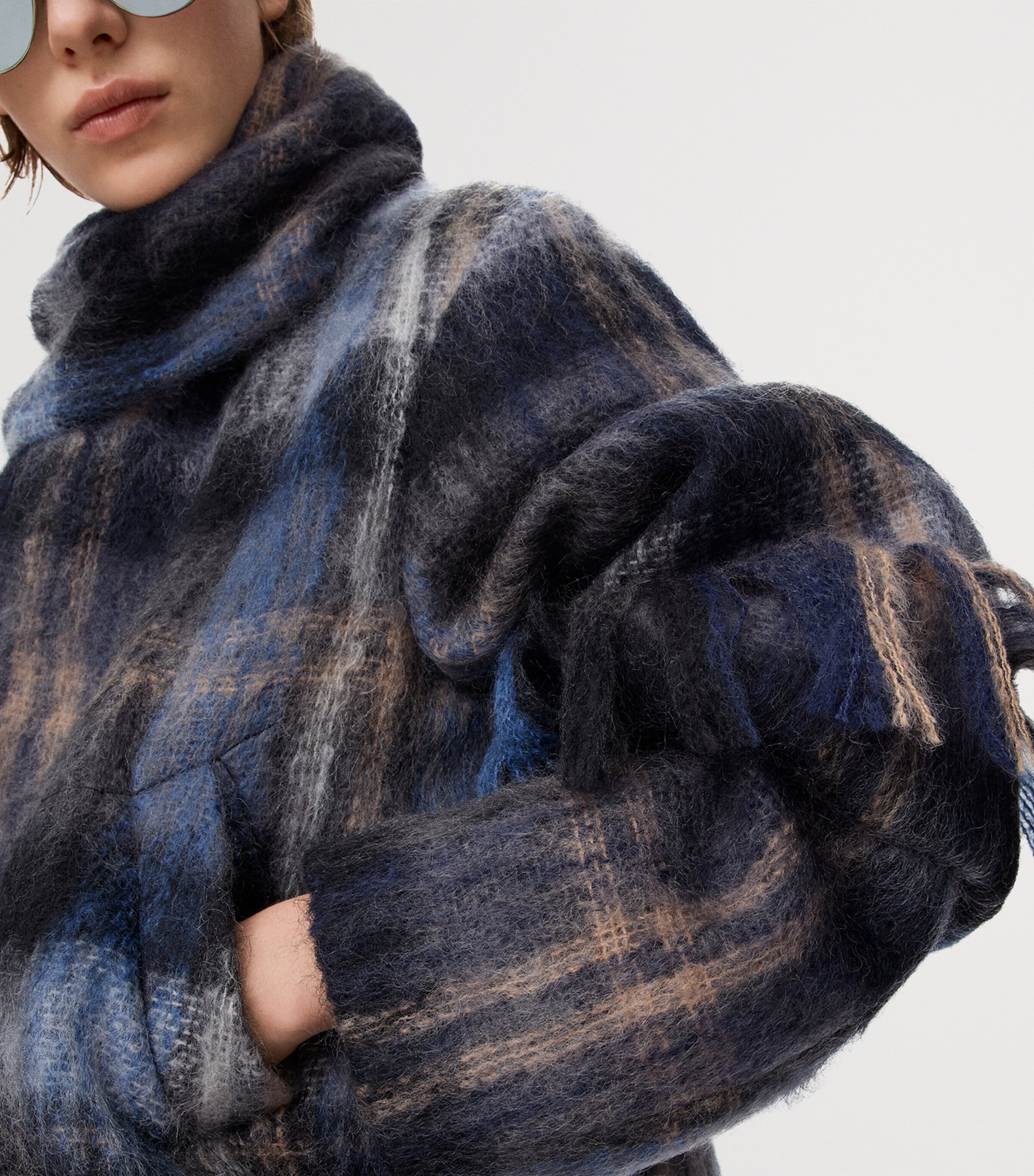Mohair-Wool Scarf-Detail Check Coat BLUE/MULTICOLOR Image 6