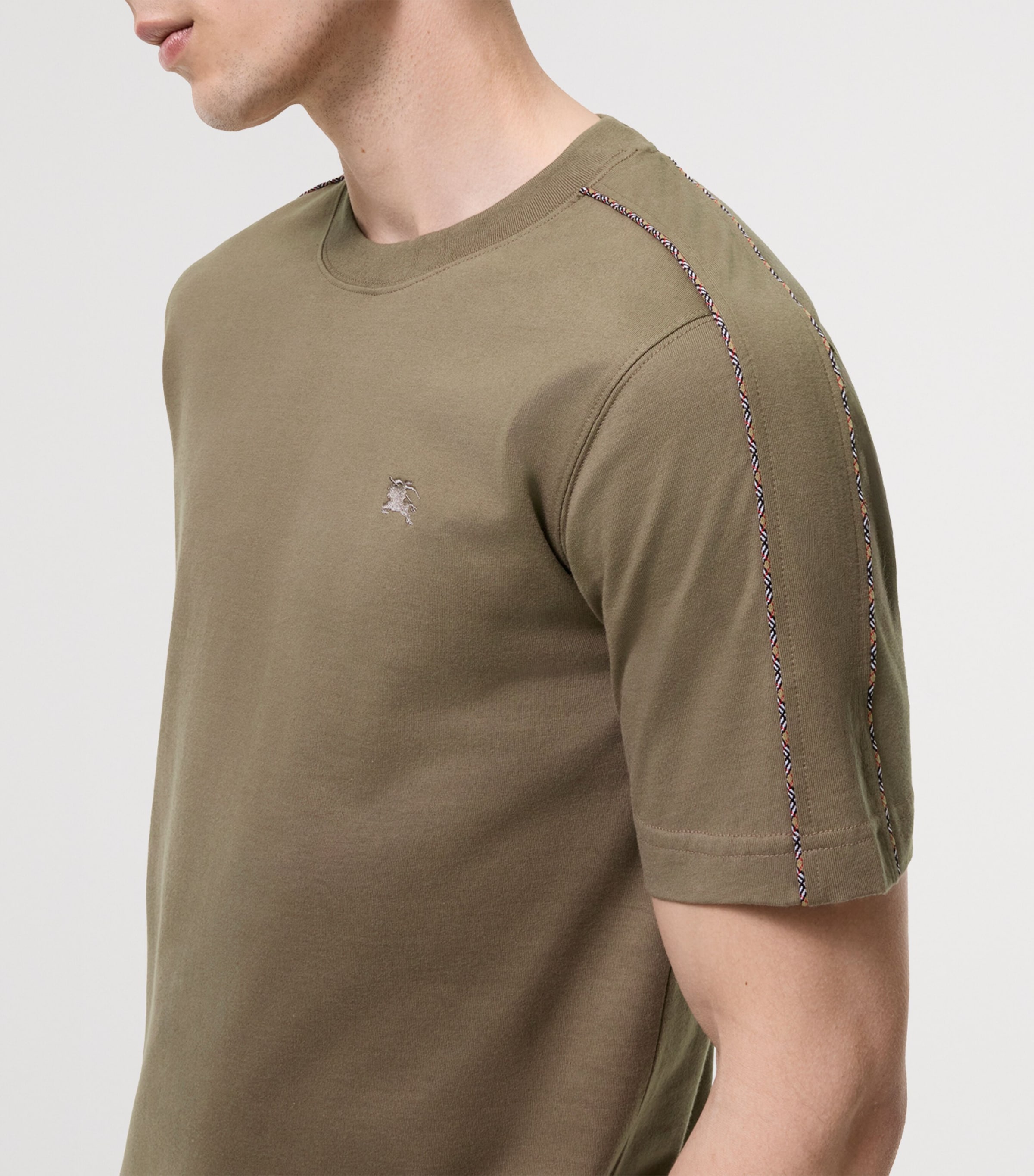 Burberry Mens Cotton Check-Piping Slim T-Shirt Finch Brown Image 3