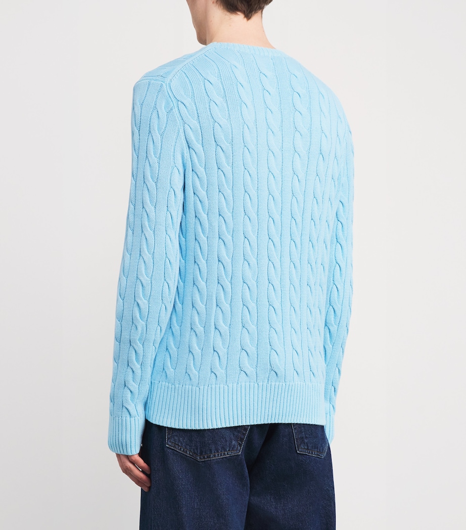 Cotton Cable-Knit Polo Pony Sweater BLUE Image 3