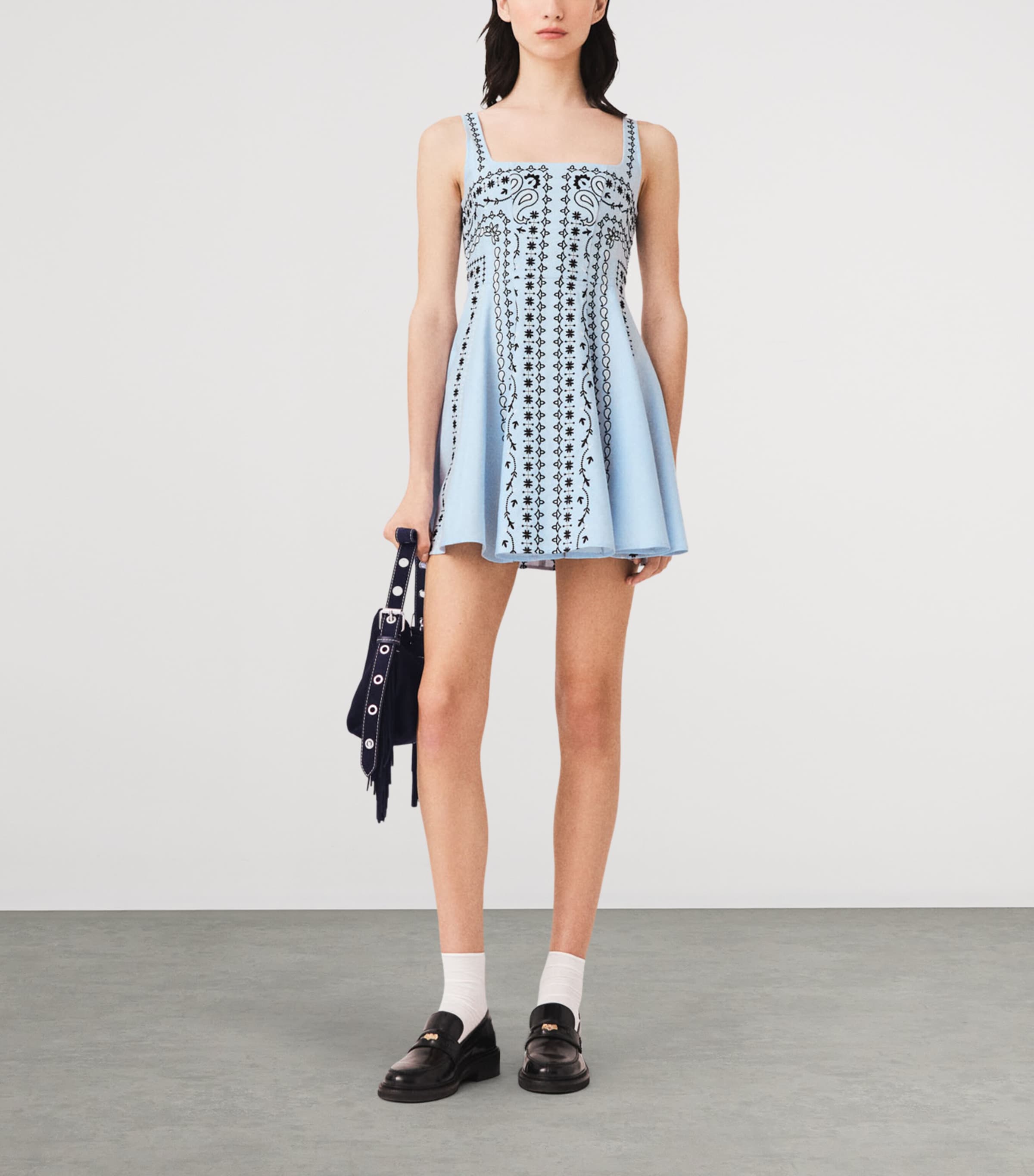 Maje Womens Linen-Blend Embroidered Mini Dress Blue Image 2