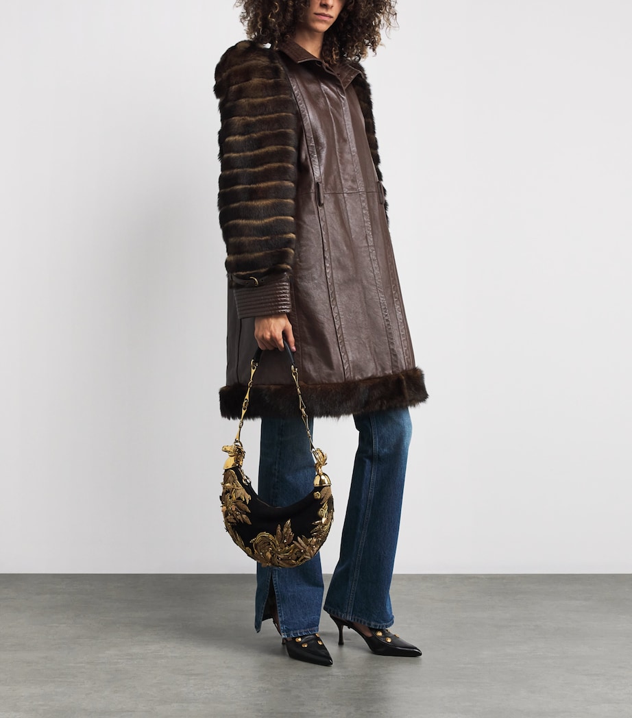 Suede Embellished Horse Shoulder Bag BLACK Image 5