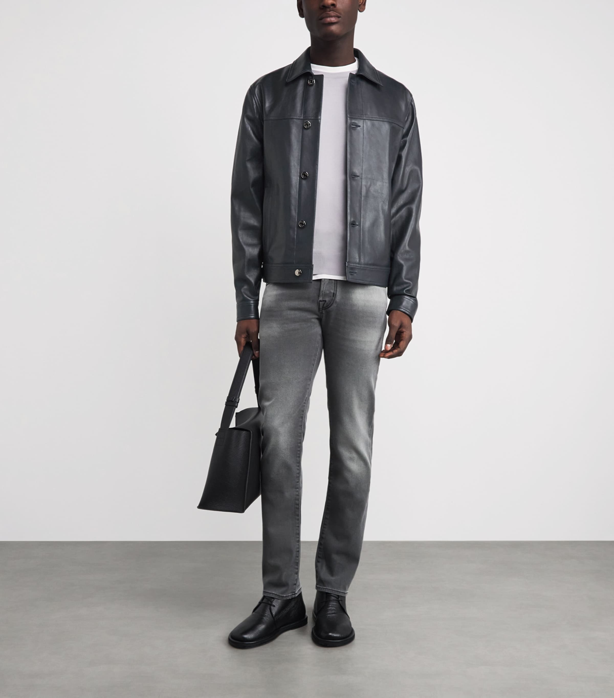 JACOB COHËN Mens Leather Trucker Jacket Navy Blue Image 2