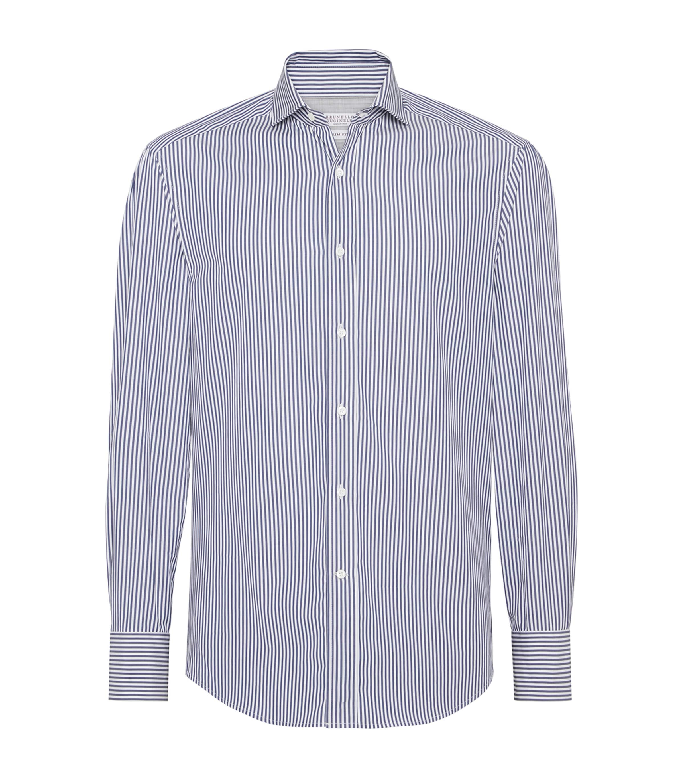 Brunello Cucinelli Striped Cotton Shirt With Button-down Collar In Blue