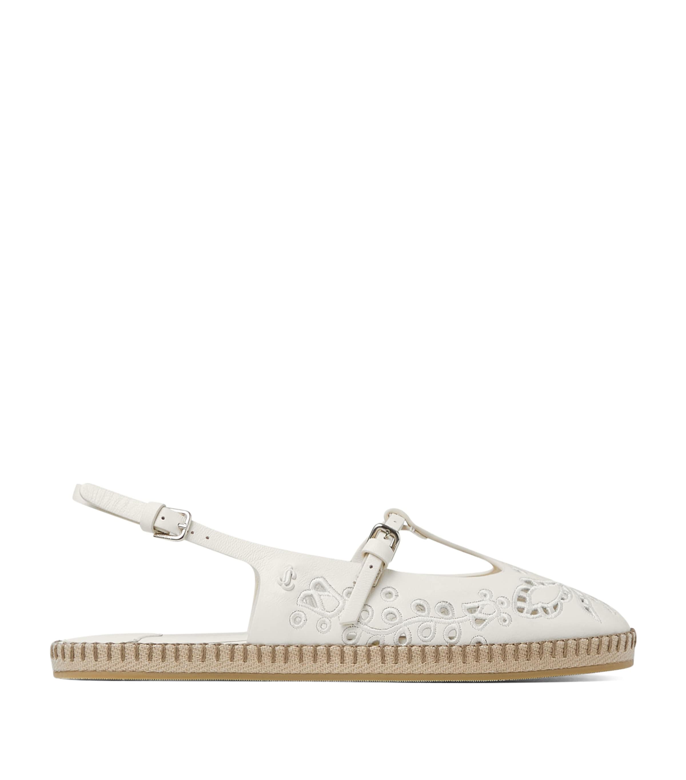 Jimmy Choo Amiee Leather Embroidered Espadrille Ballerina Flats In White