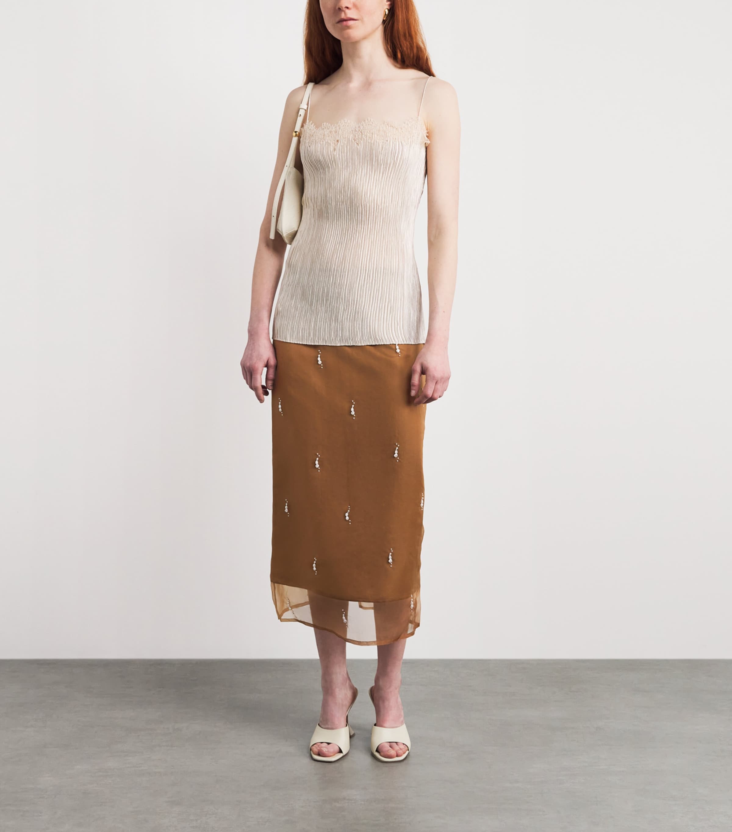 Róhe Womens Organza Pearl-Embellished Midi Skirt Cognac Image 2