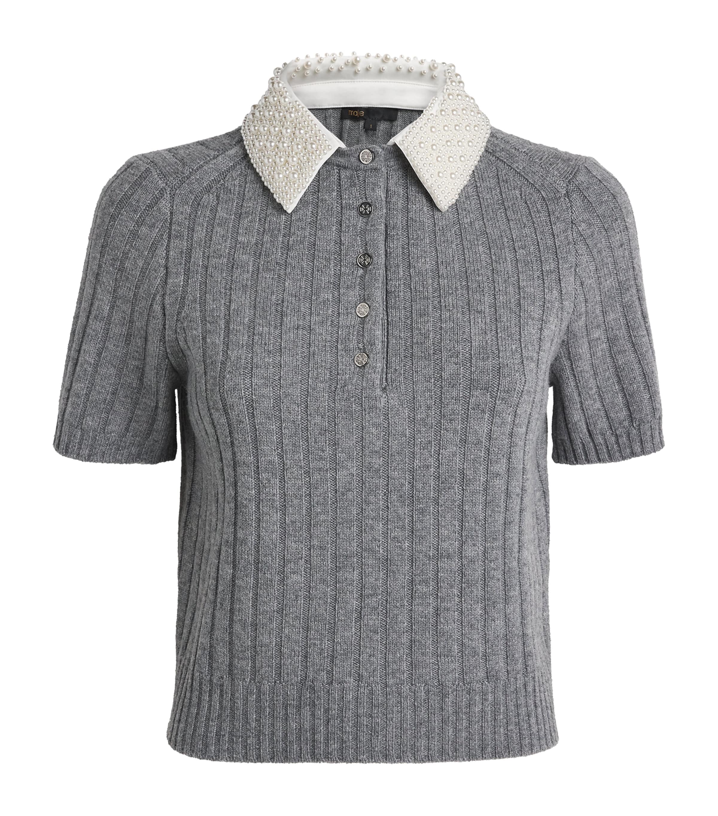 Maje Womens Wool-Blend Beaded-Collar Polo Sweater Grey Image 1
