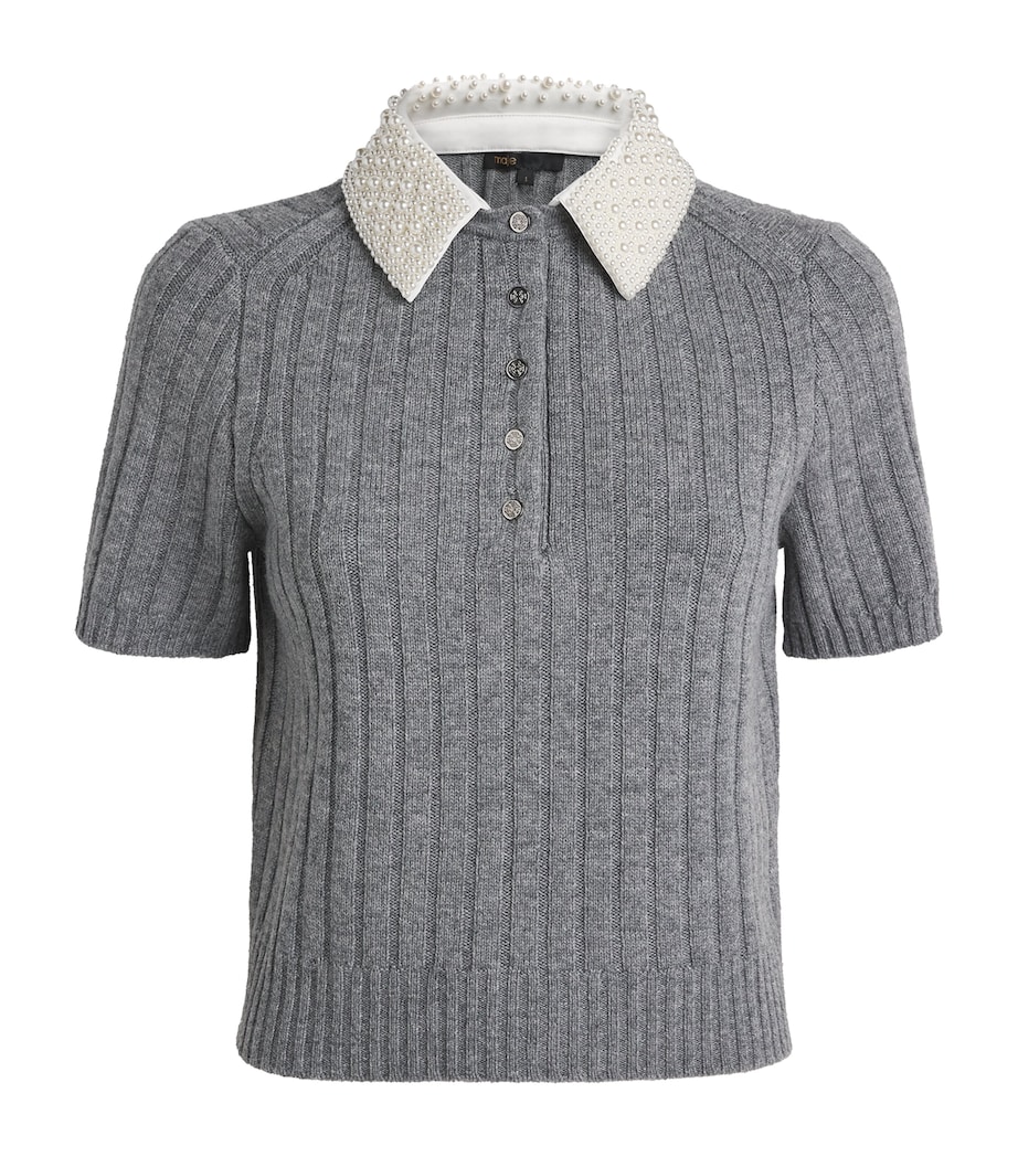 Maje Womens Wool-Blend Beaded-Collar Polo Sweater Grey Image 1