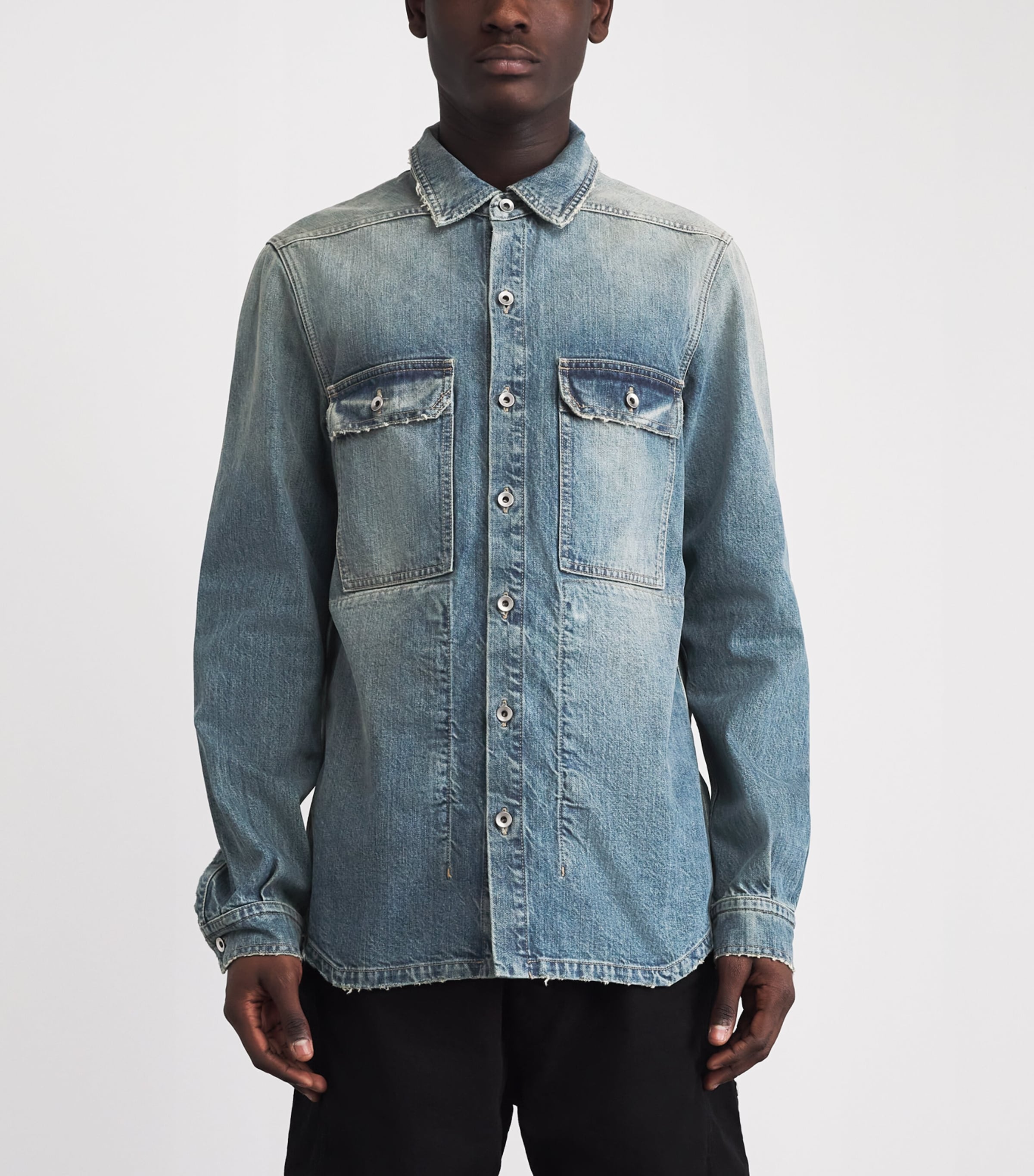 Rick Owens Mens Distressed Denim Overshirt Washed Indigo Image 4