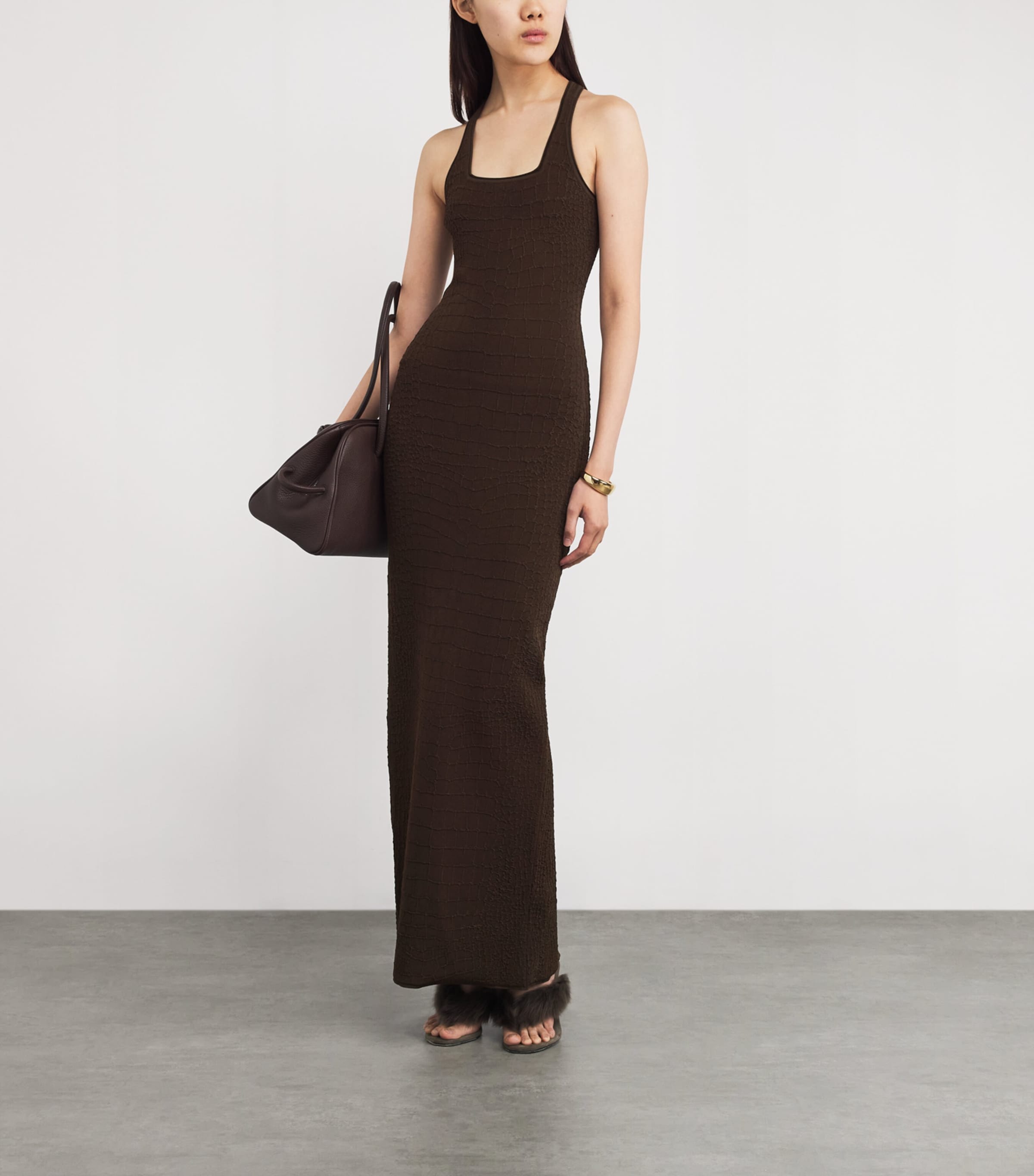 Croc-Effect Racerback Maxi Dress 880 DARK BROWN Image 2