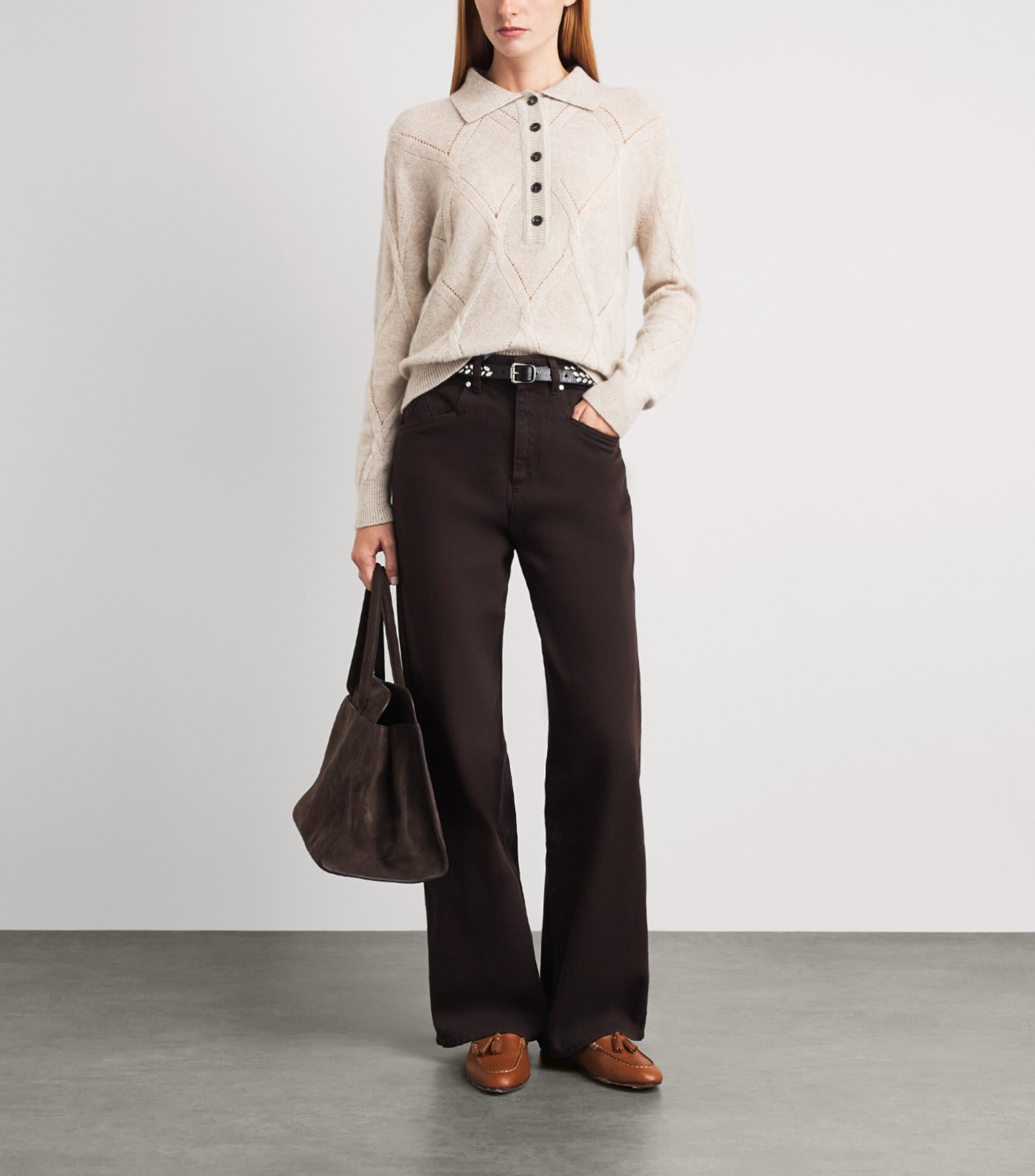 Kiton Womens Cashmere-Silk Pointelle-Knit Polo Shirt Beige Image 2
