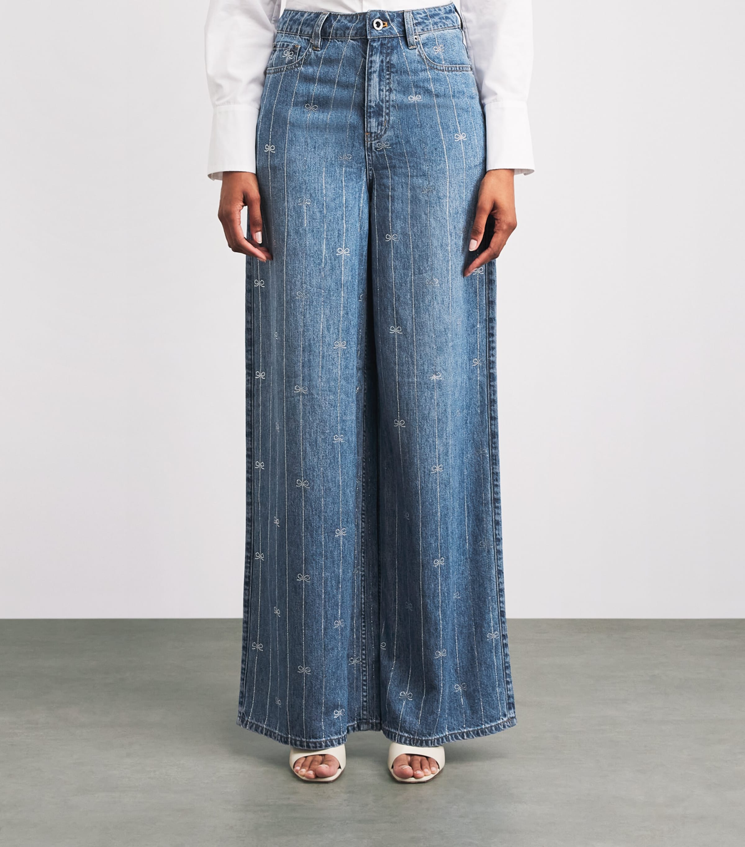 Self-Portrait Womens Rhinestone Stripe Wide-Leg Jeans Blue Image 4