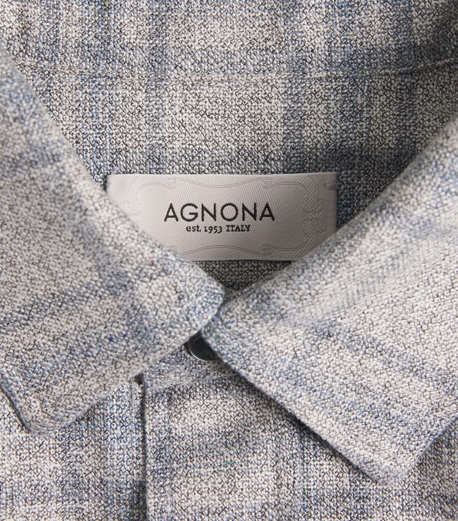 Agnona Mens Silk-Wool Check Shirt Grey Light Blue Image 6