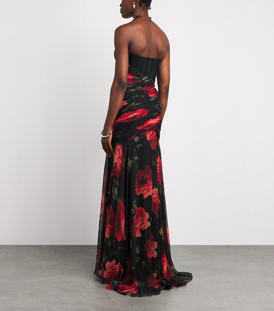 Carolina Herrera Womens Silk Chiffon Floral Bustier Gown Black Multi Image 4