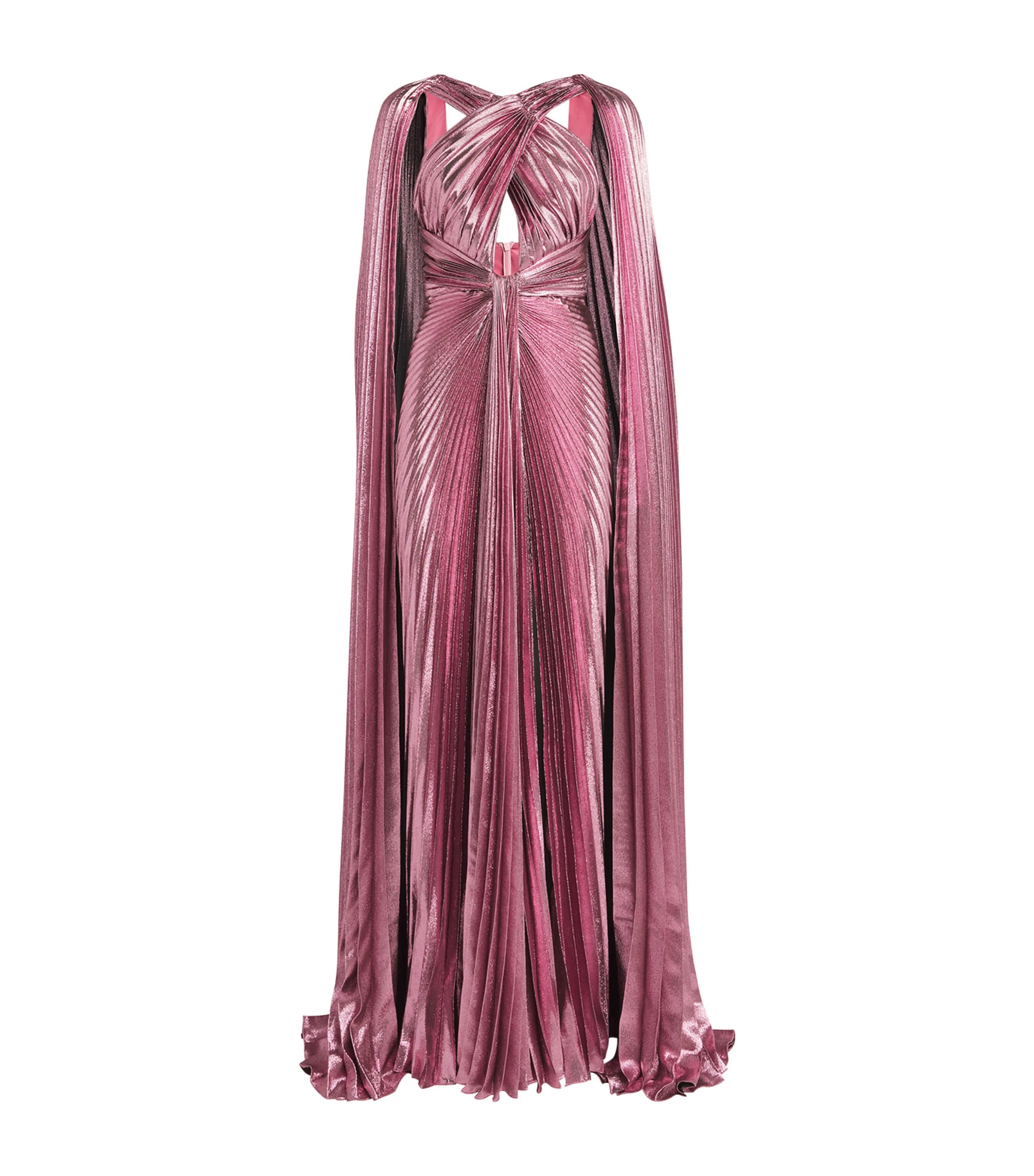 Zuhair Murad Metallic Pleated Cape Gown In Pink