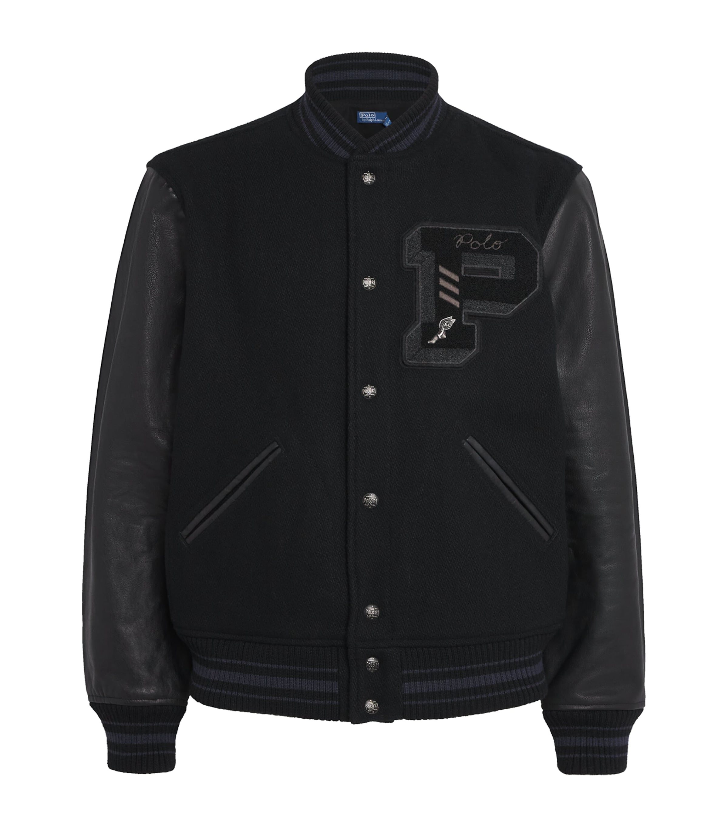 Polo Ralph Lauren Ribbed Collar Bomber Jacket With Leather Sleeves In Black
