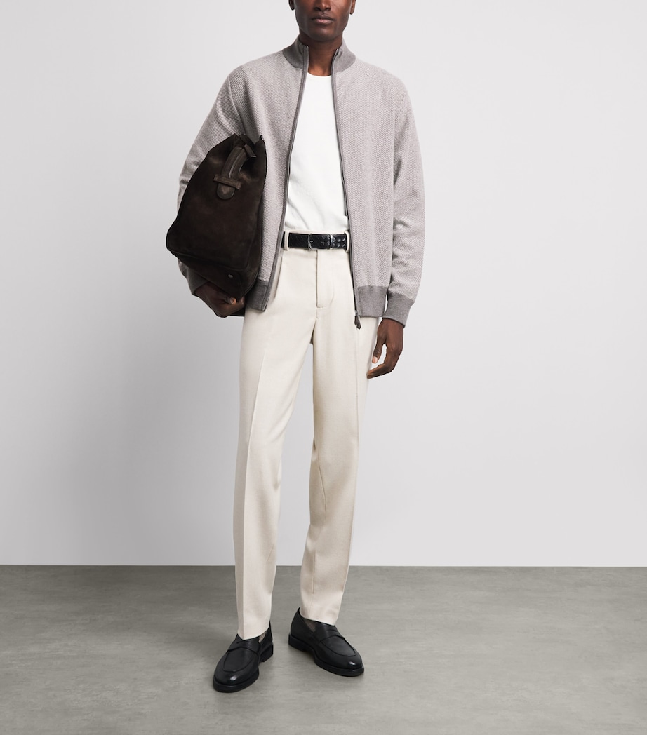 N.Peal Mens Organic Cashmere Birdseye Cardigan Taupe Ecru New Ivory Image 2