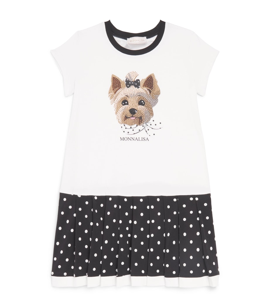 Monnalisa Stretch-Cotton Rhinestone Dog Print Dress (2-12 Years) White+black Image 1