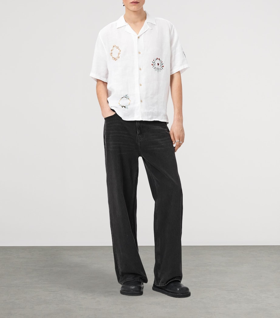 AllSaints Mens Linen Embroidered Deck Shirt Ecru Image 7