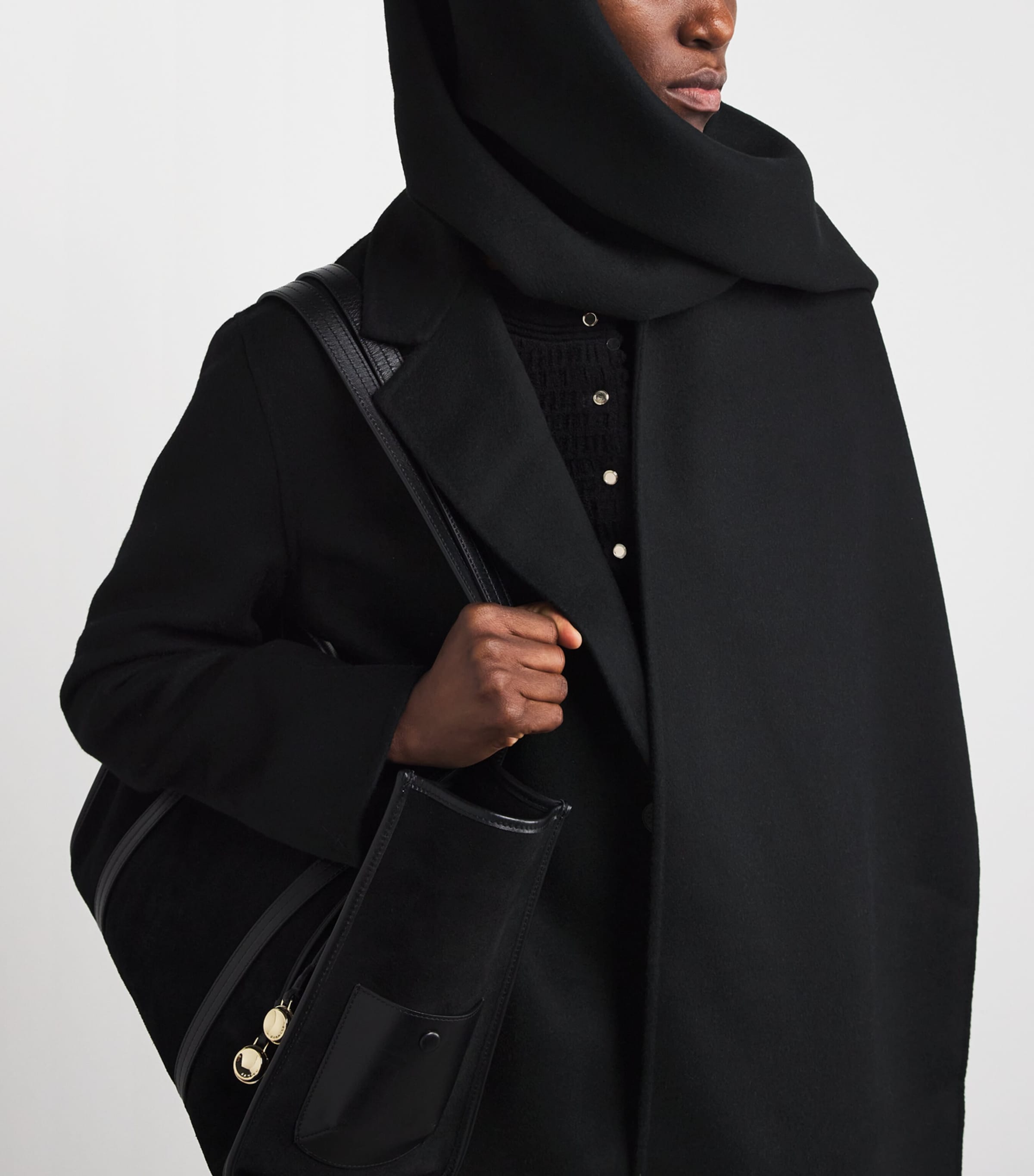 Wool Scarf-Detail Short Coat BLACK Image 7