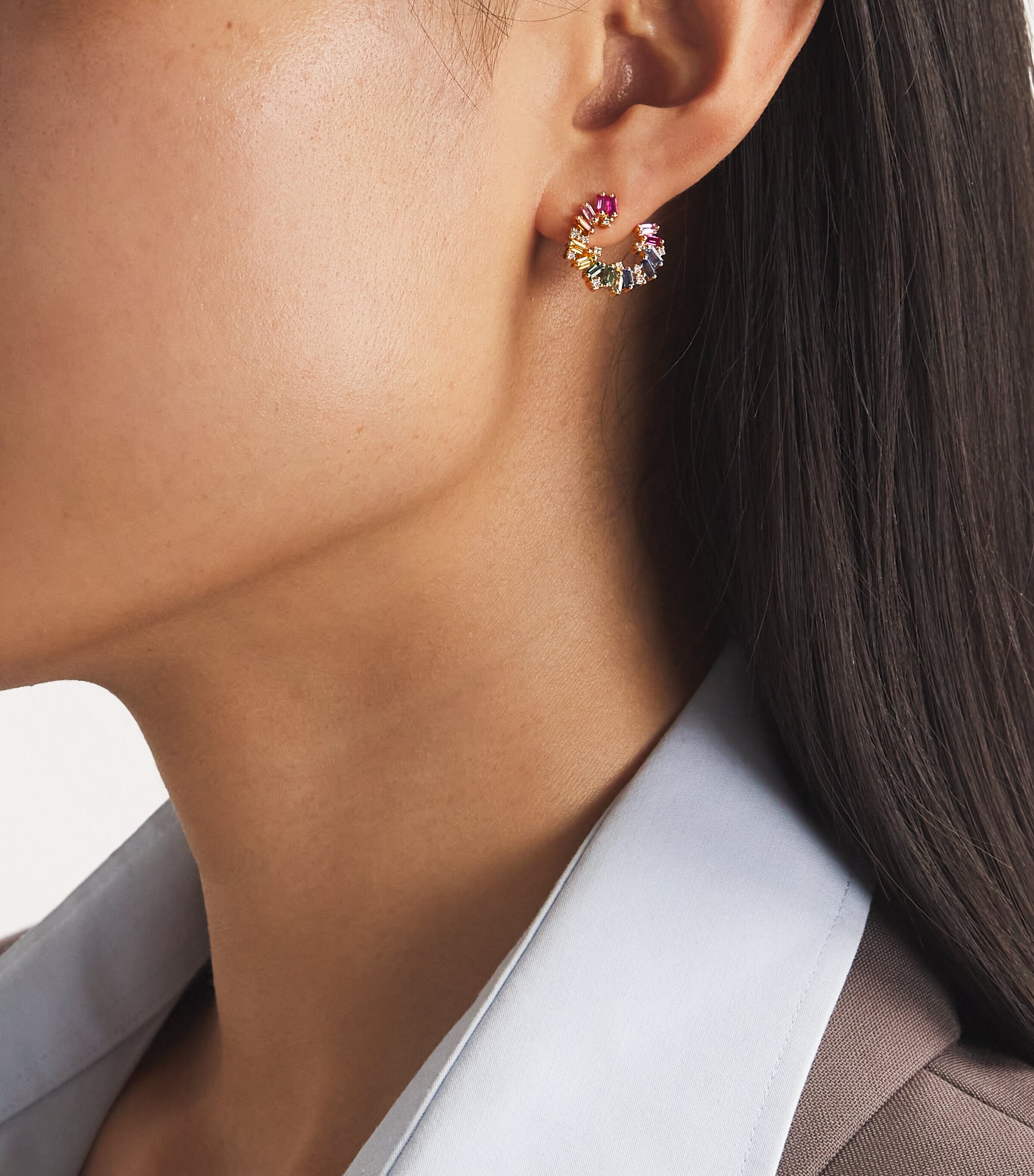 Suzanne Kalan Yellow Gold, Diamond and Rainbow Sapphire Shimmer Sideways Hoop Earrings Yg/rs Image 2