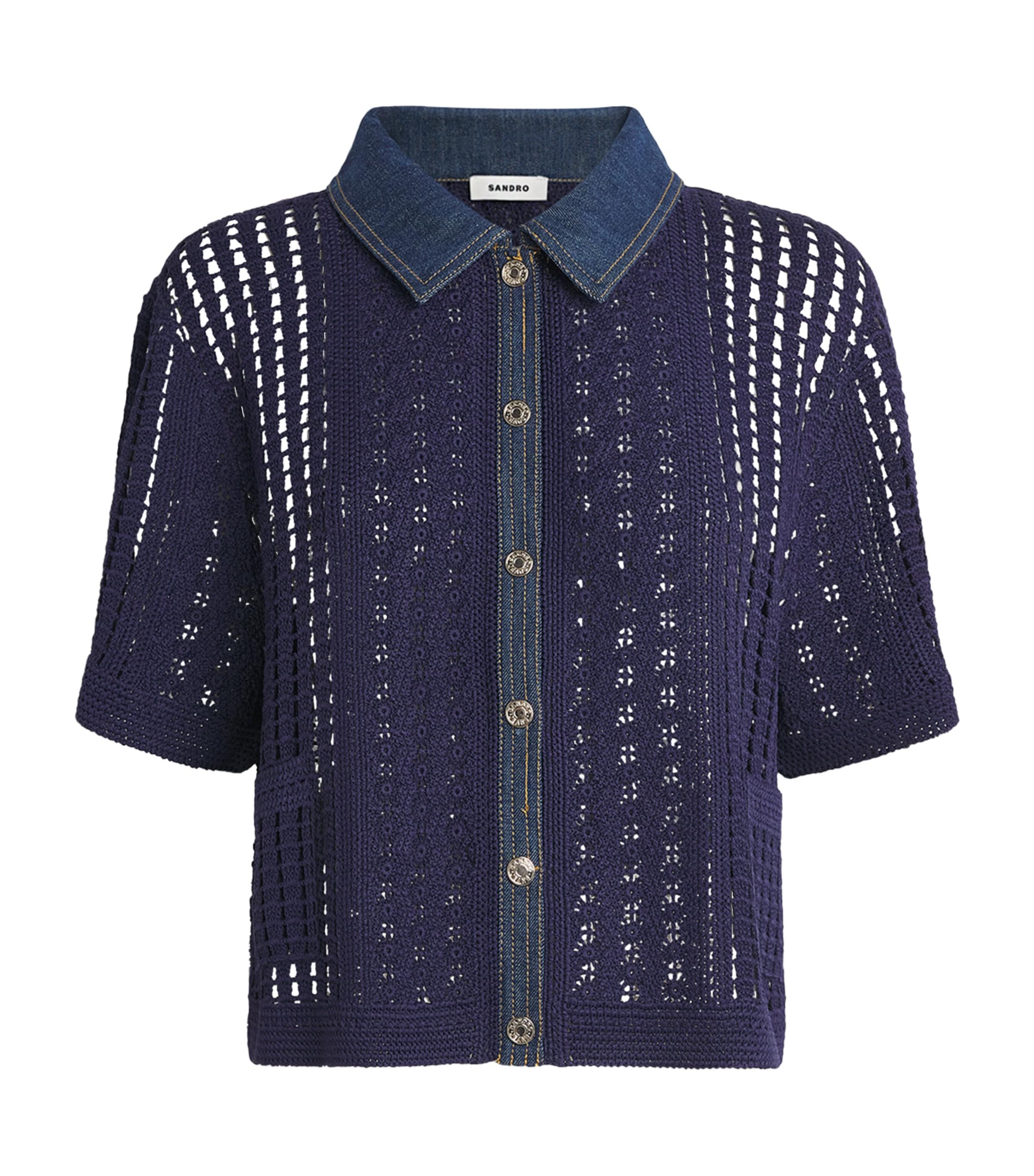 Sandro Paris Womens Crochet Denim-Trim Cardigan Navy Blue Image 1