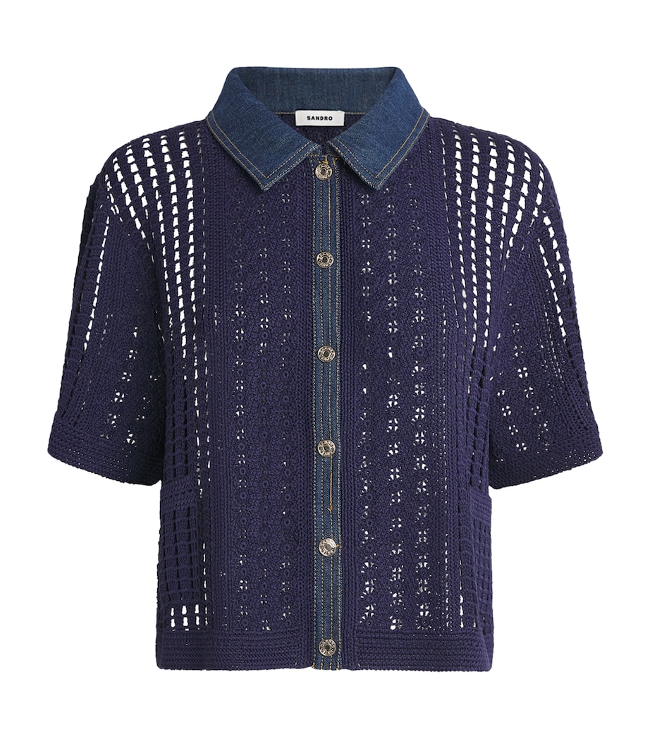 Sandro Paris Womens Crochet Denim-Trim Cardigan Navy Blue Image 1