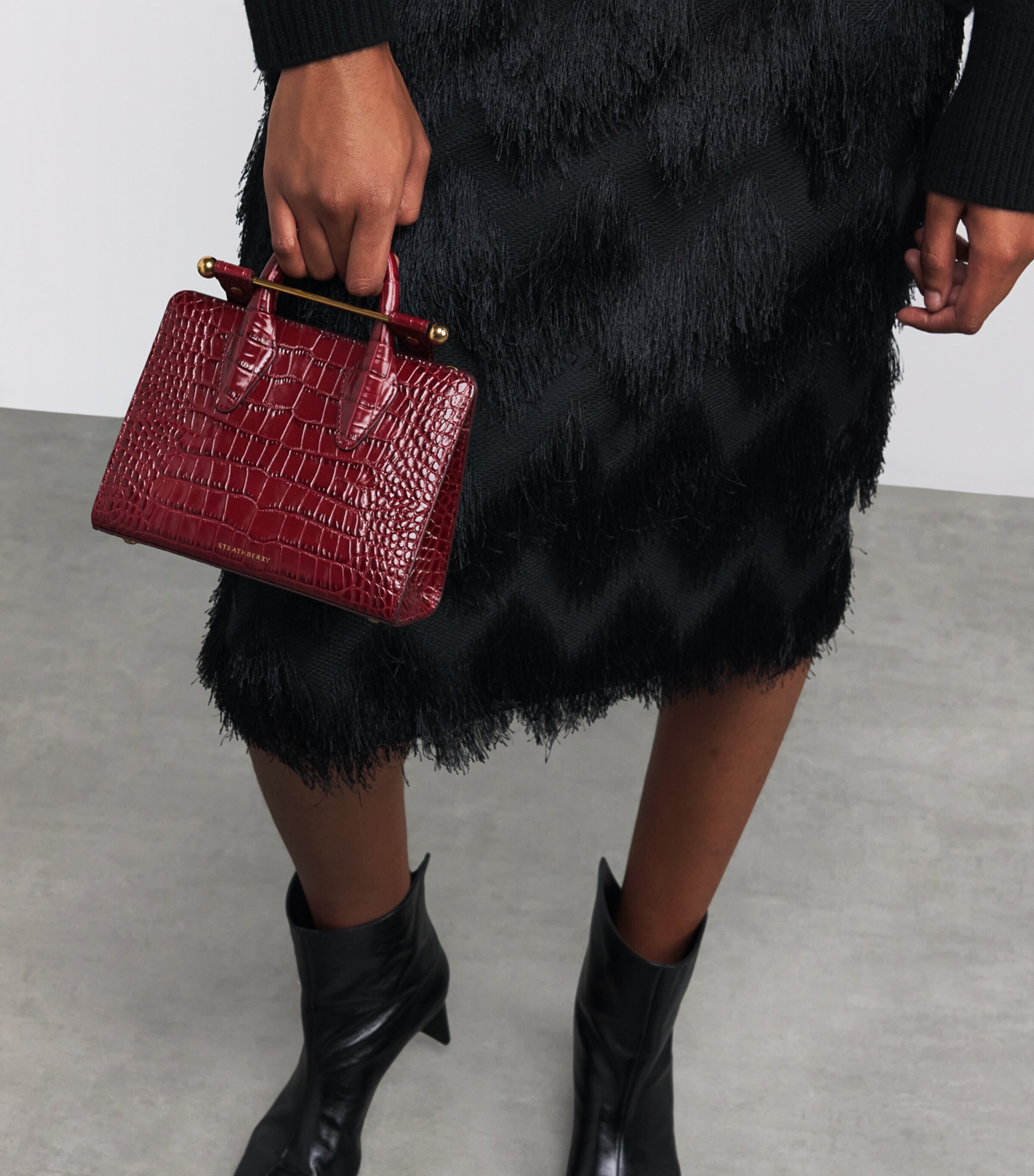 Strathberry Croc-Embossed Leather Nano Tote Bag Oxblood Image 2