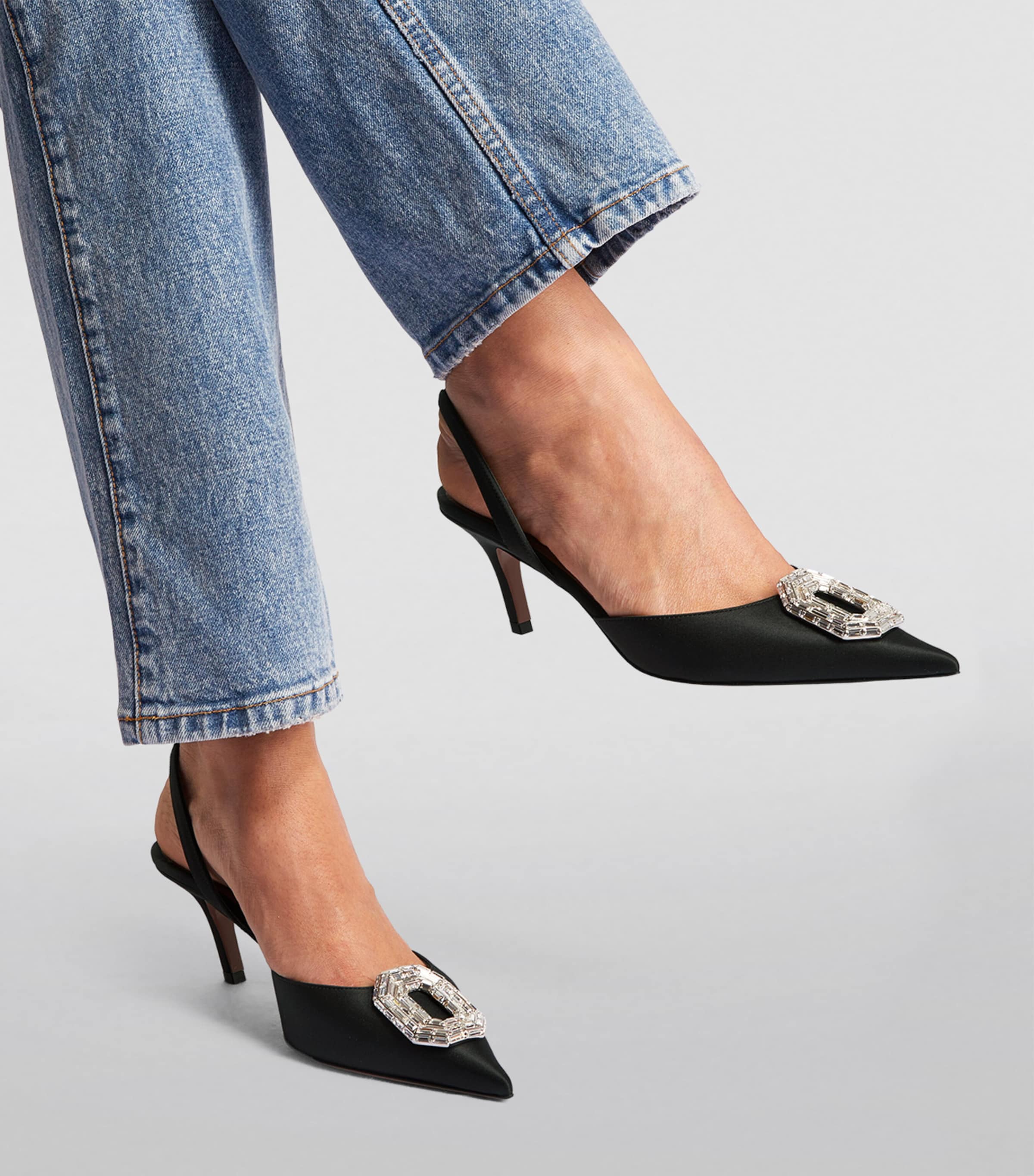 Amina Muaddi Satin Camelia Slingback Mules 60 | Harrods UK