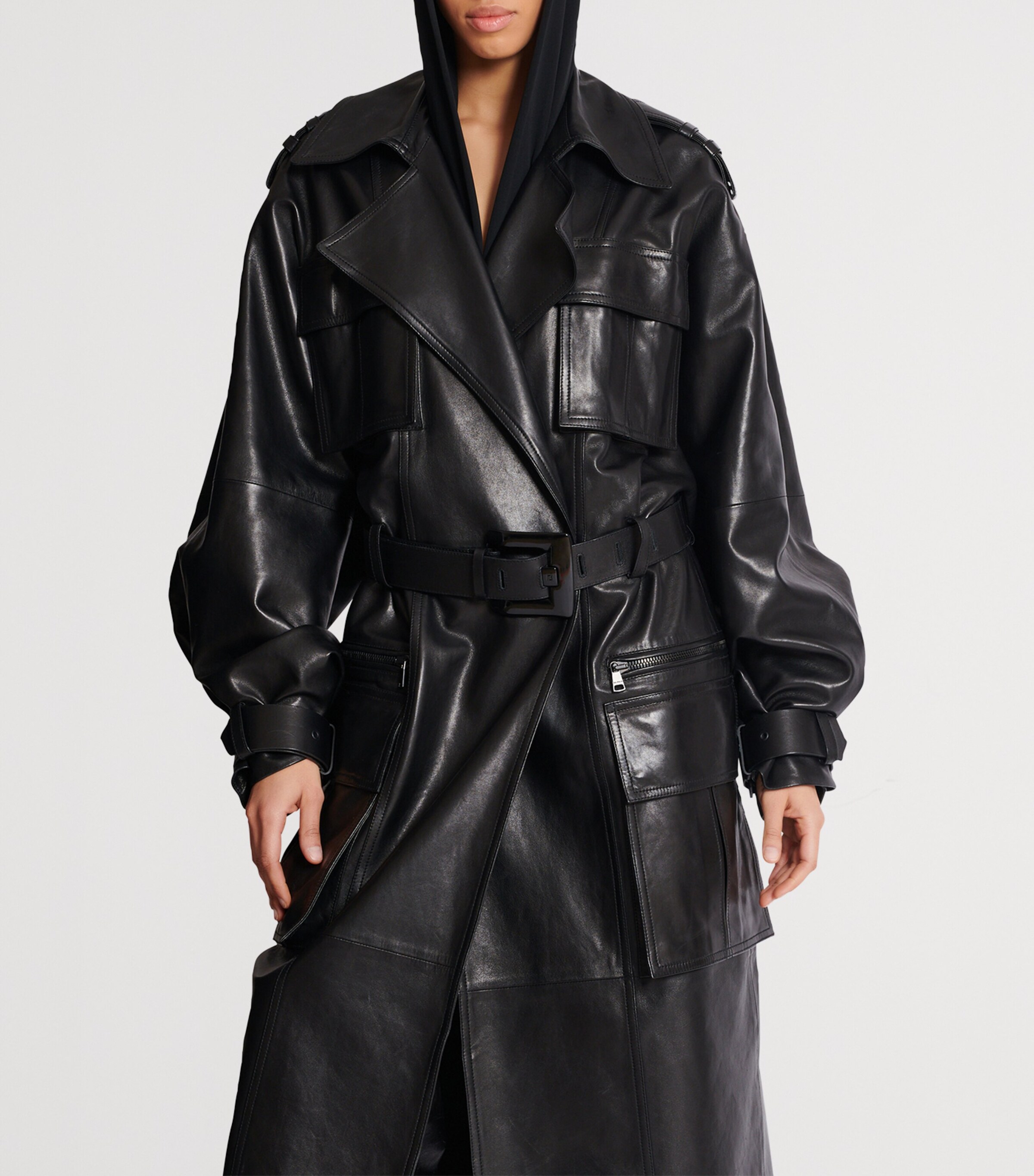 BALMAIN ブラックレザー ロングコート Balmain Black Lambskin Belted Trench Coat | Harrods US