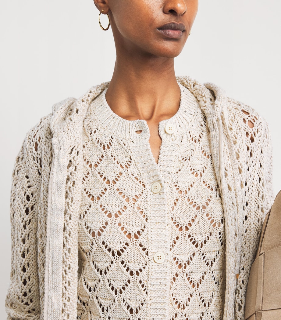 Eleventy Womens Cotton-Linen-Blend Sequinned Cardigan Avorio Image 3