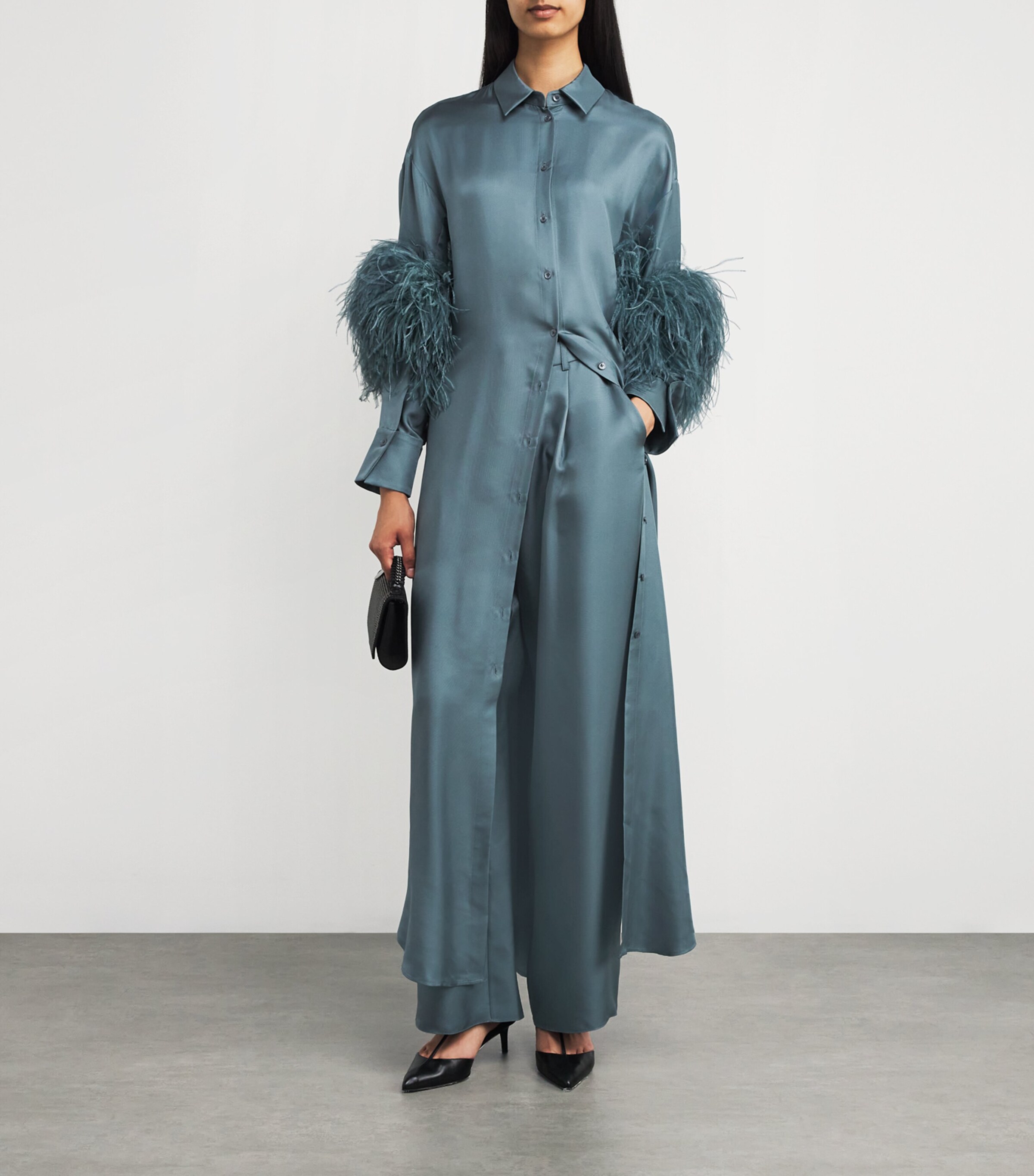 Silk Feather-Trim Maxi Dress 409 SLATE Image 2