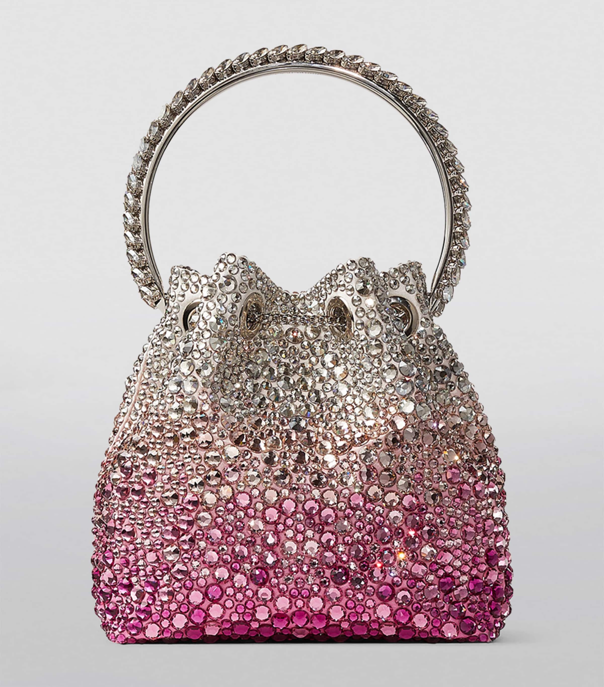 JIMMY CHOO Bon Bon スエード クリスタル ストライプ バッグ Bon Bon | Silver Satin Crystal Mesh Bag with Crystal Handle