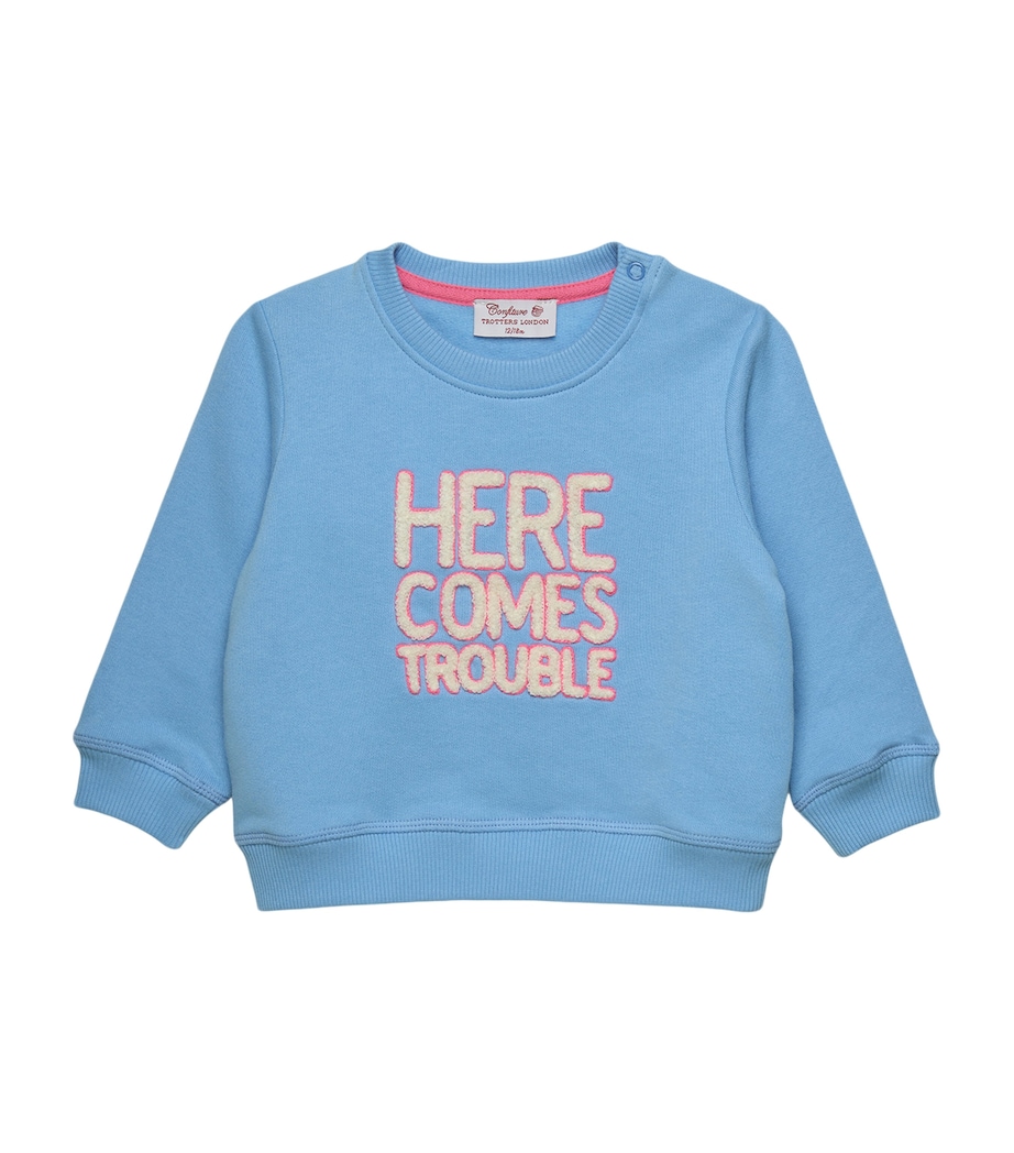 Trotters Cotton Here Comes Trouble Sweatshirt (3-24 Months) Blue/pink Image 1
